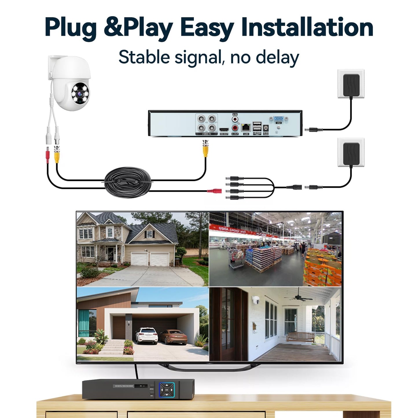 VORGUT Wired Security Camera System Outdoor, 4pcs Pan/Tilt CCTV Cameras and 4CH 5MP Lite AHD TVI DVR (500GB HDD), 360° View Surveillance DVR Kit, Motion Detection, 24/7 Recording, Remote Access