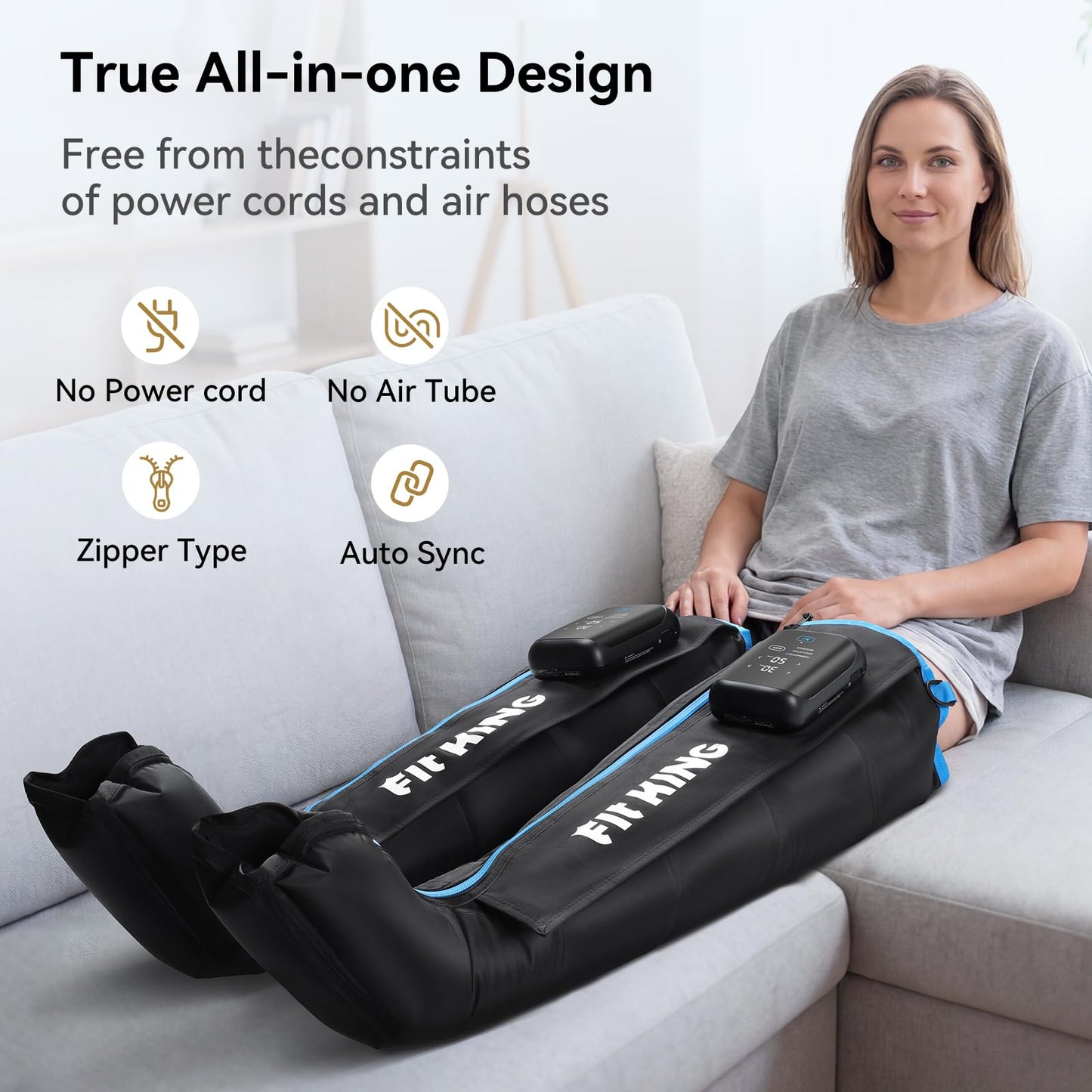 FIT KING Cordless Air Compression Recovery System with 3 Modes and 11 intensities, Sequential Leg Massager for Athletes and Sports Enthusiasts (Medium)