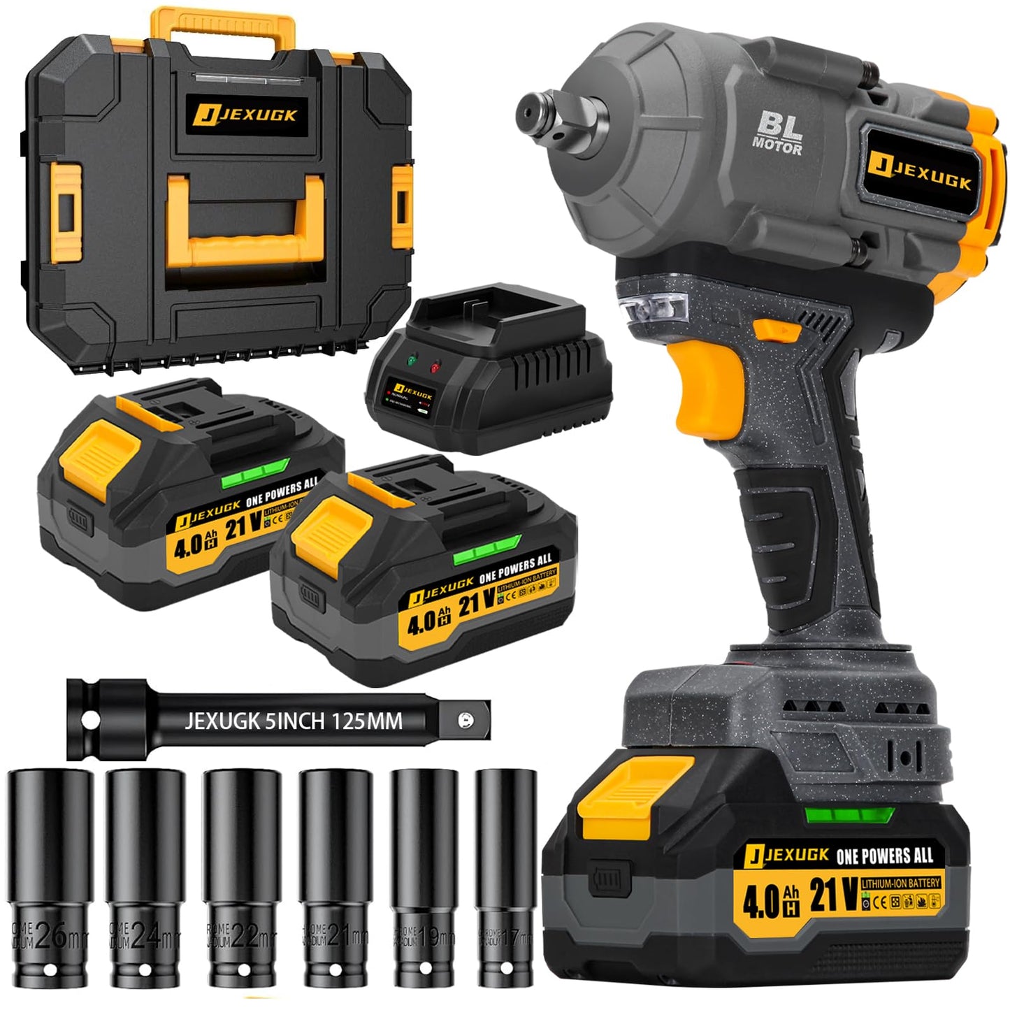 JEXUGK 1500Nm Impact Wrench, 1/2" 1107ft-lbs Cordless Impact Gun with 2 x 4.0Ah Battery, 21V High Torque Power Impact Driver with 6 Sockets,Pistola Llave De Impacto for Truck RV Car Heavy Construction