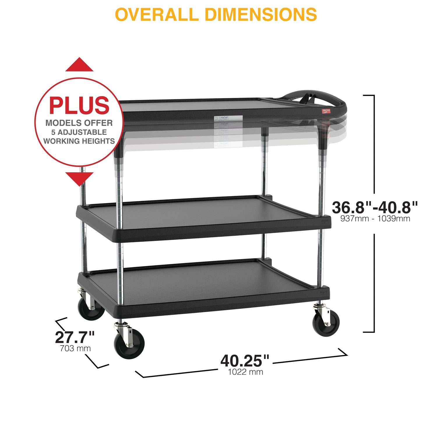 Metro myCart Plus Utility Cart - Choose-Your-Height Adjustable Heavy Duty Rolling Cart for Home, Commercial and Industrial Use - 3-Shelf, 500 lbs Capacity - 27.7" W x 40.25" L x 36.8-40.8" H - Black