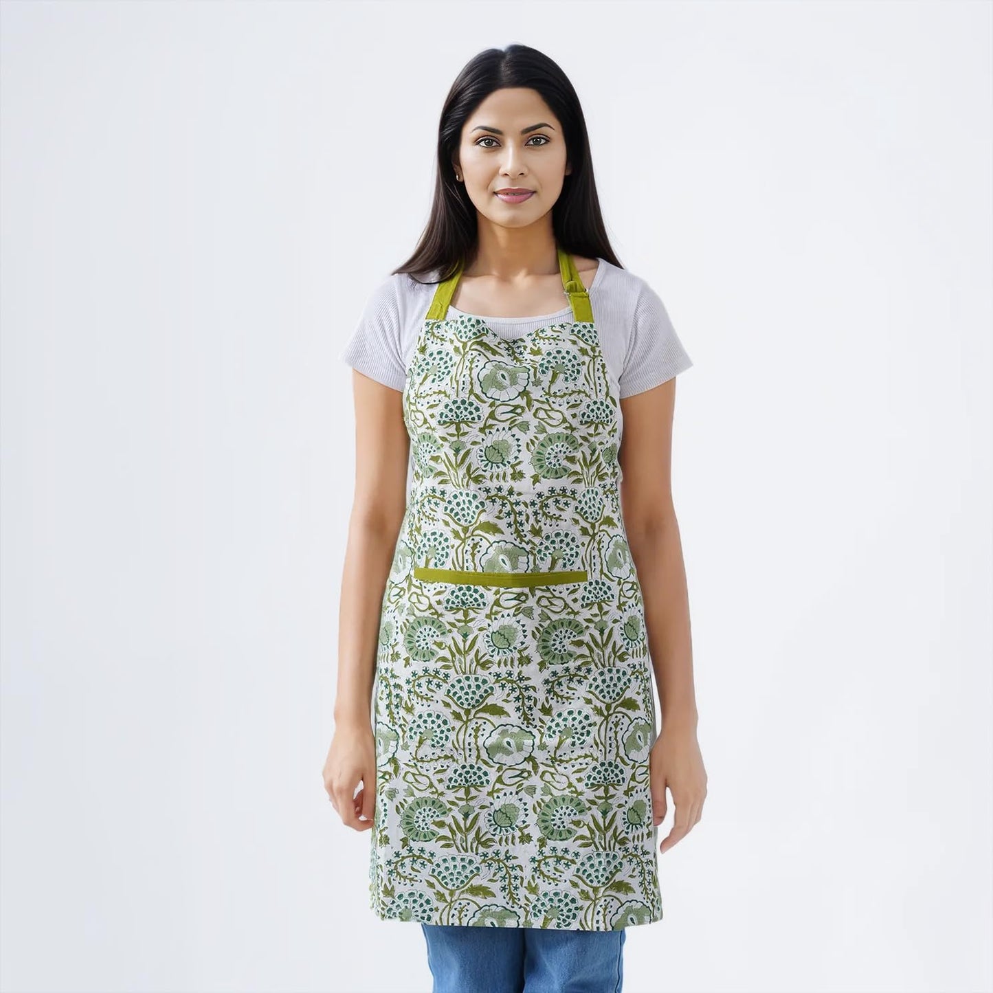 CPC Agate Green 100% Cotton Block Print Kitchen Apron with an Adjustable Neck with Long Ties for Women Men Chef-Handmade Cooking Apron Gift For Spring, Mother's Day