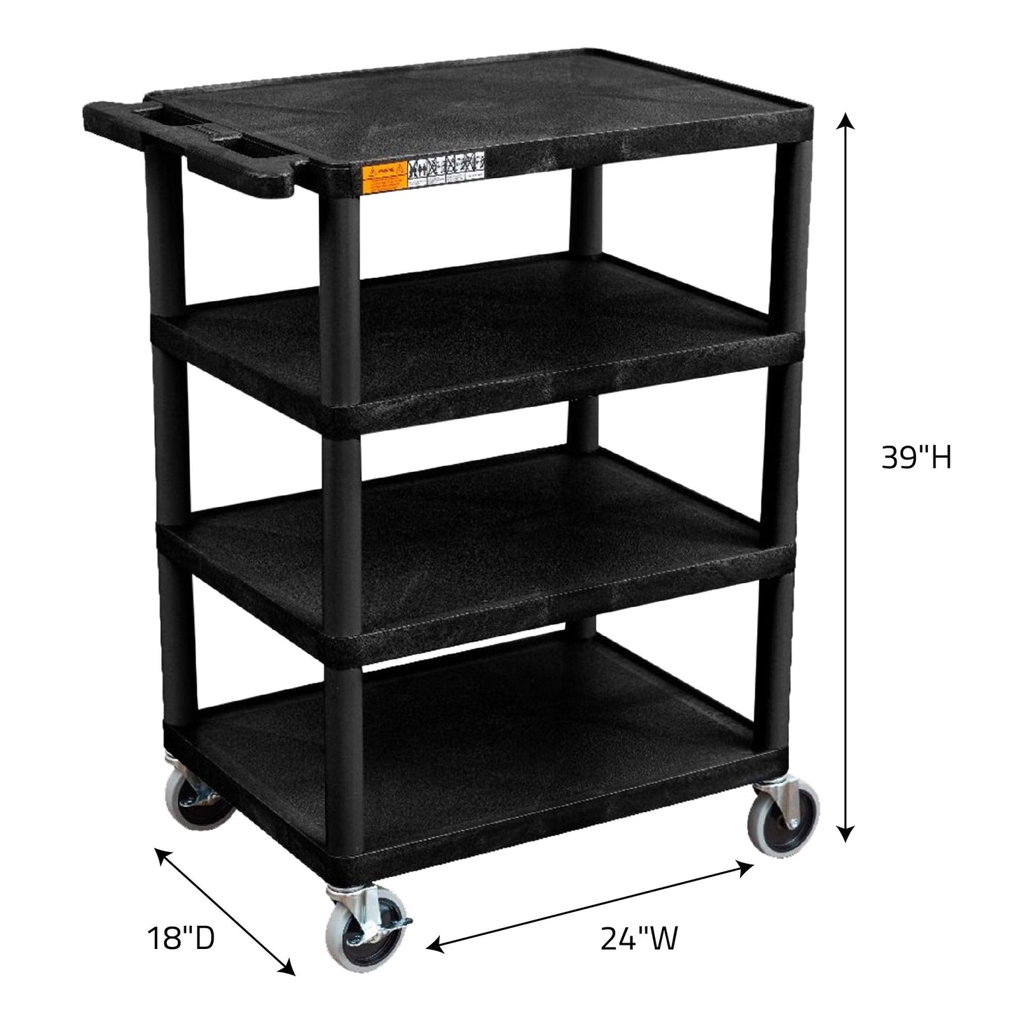 Luxor BC45-B 4 Flat Shelf Structural Foam Plastic Cart Black 24"W x 18"D x 39"H