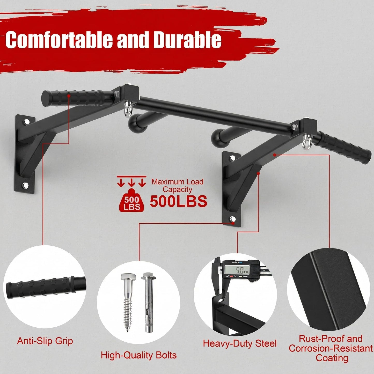 HWOOUSA Wall Mount Pull Up Bar, Heavy Duty Steel PullUp Bar Fits Wood Studs, Multi Grip Pull Up Bar with Ball Finger & Round Rings, for Home Gym Garage Basement Strength Training Chin Up Bar