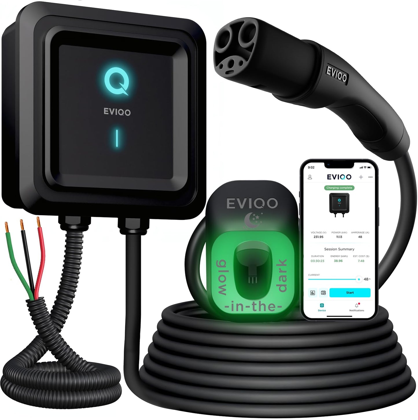 EVIQO NACS Charger for Tesla 48 Amp 240V Hardwired Level 2 EV Charger - Wall EV Charger Level 2, 25ft Cable, WiFi (2.4 GHz) Smart App - Weatherproof, Outdoor (IP66,NEMA 4) UL, ETL Certified