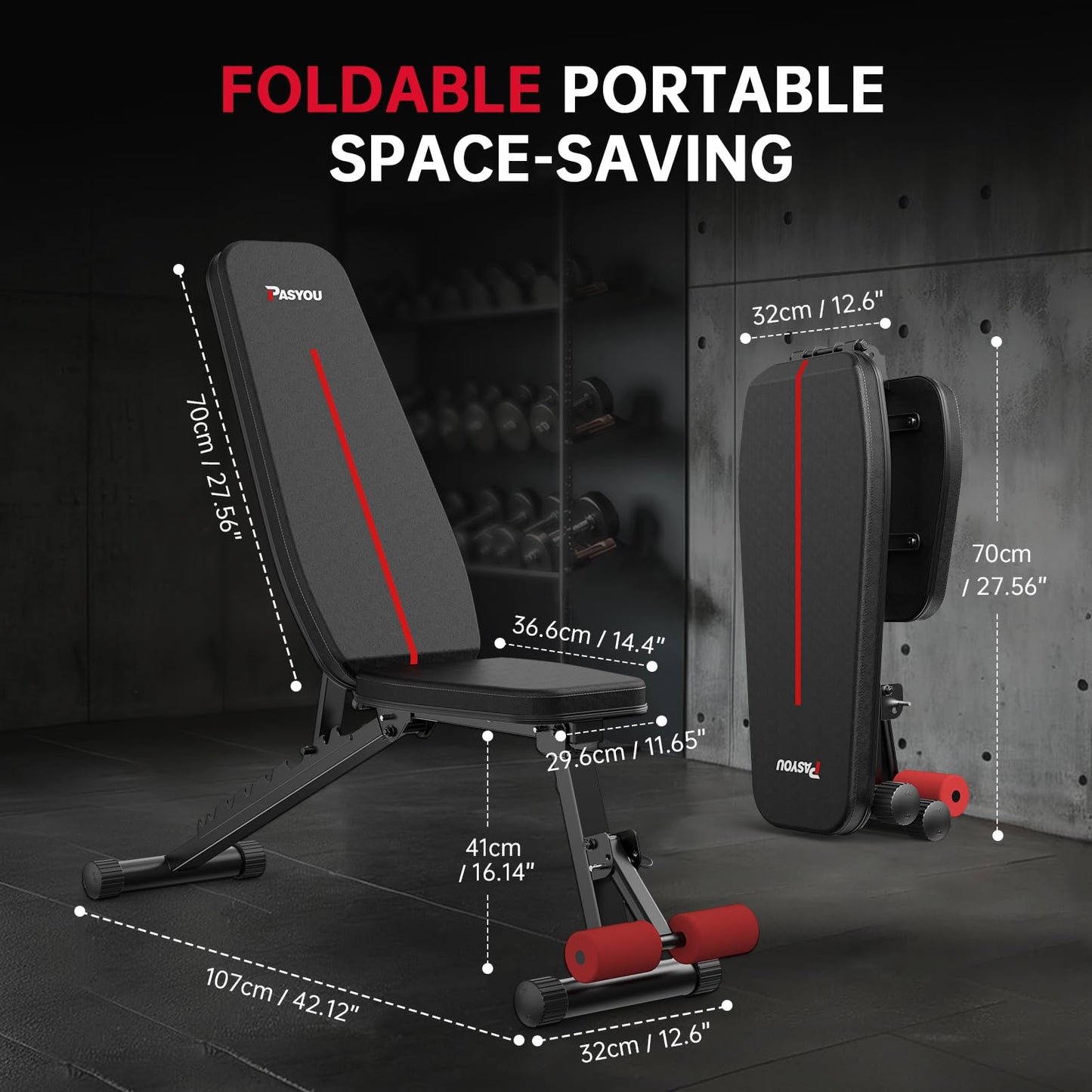 PASYOU Adjustable Weight Bench for Home Gym, Foldable Workout Bench with Incline & Decline Positions, Compact Full Body Strength Training Bench