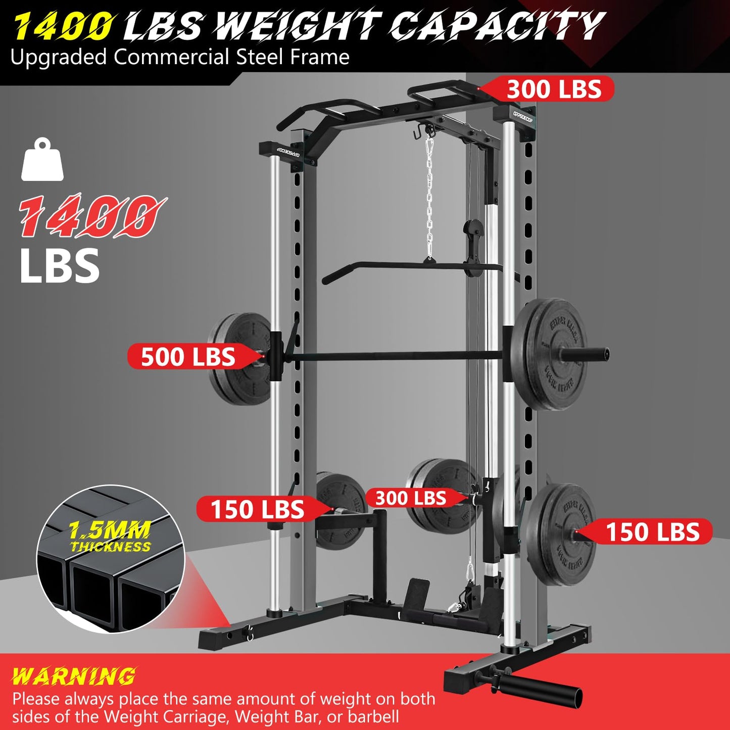 OPPSDECOR Smith Machine Squat Rack with LAT-Pull Down Multifunctional Power Rack with Cable Crossover Machine Power Cage with Barbell Bar Full Body Training Attachments for Home & Garage Gym (Grey)