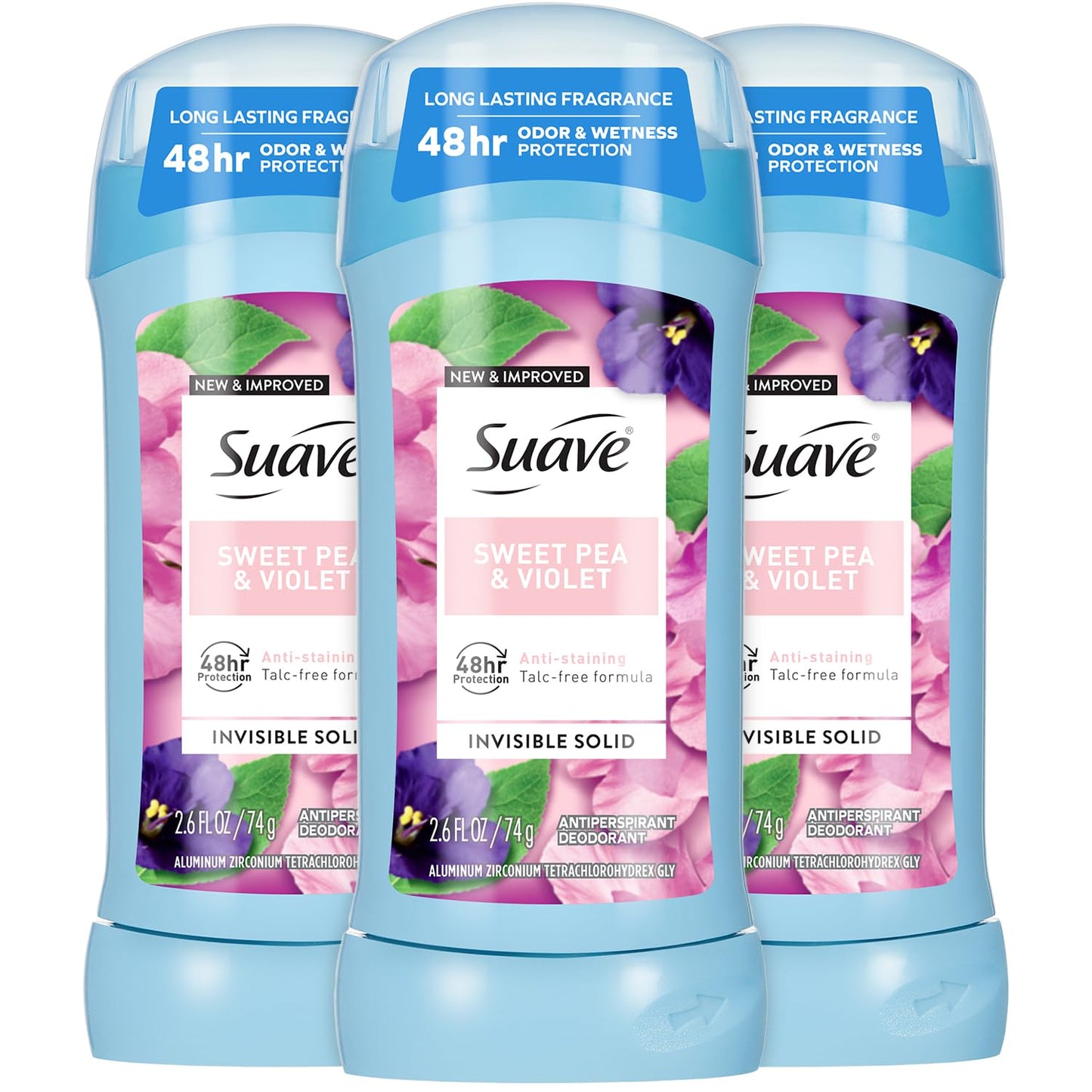 Suave Antiperspirant Deodorant for Women, Sweet Pea & Violet 3-Pack – Anti-Staining Invisible Solid Sticks, Talc-Free, 2.6 Oz Ea