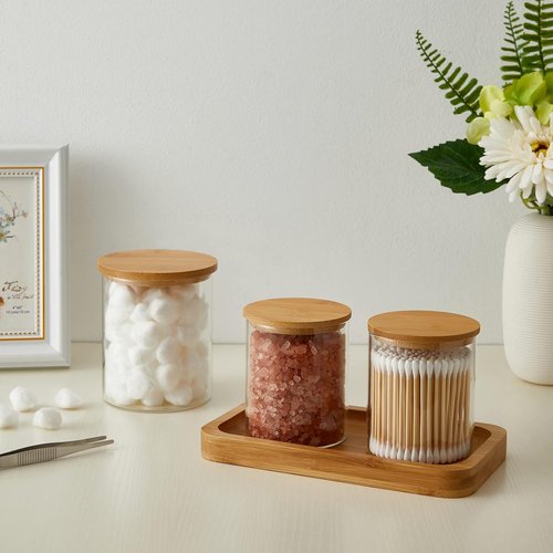 INIUNIK Glass Qtip Holder Dispenser Set - 3 Pack Clear Apothecary Jars for Bathroom Organization | 20 oz & 11 oz