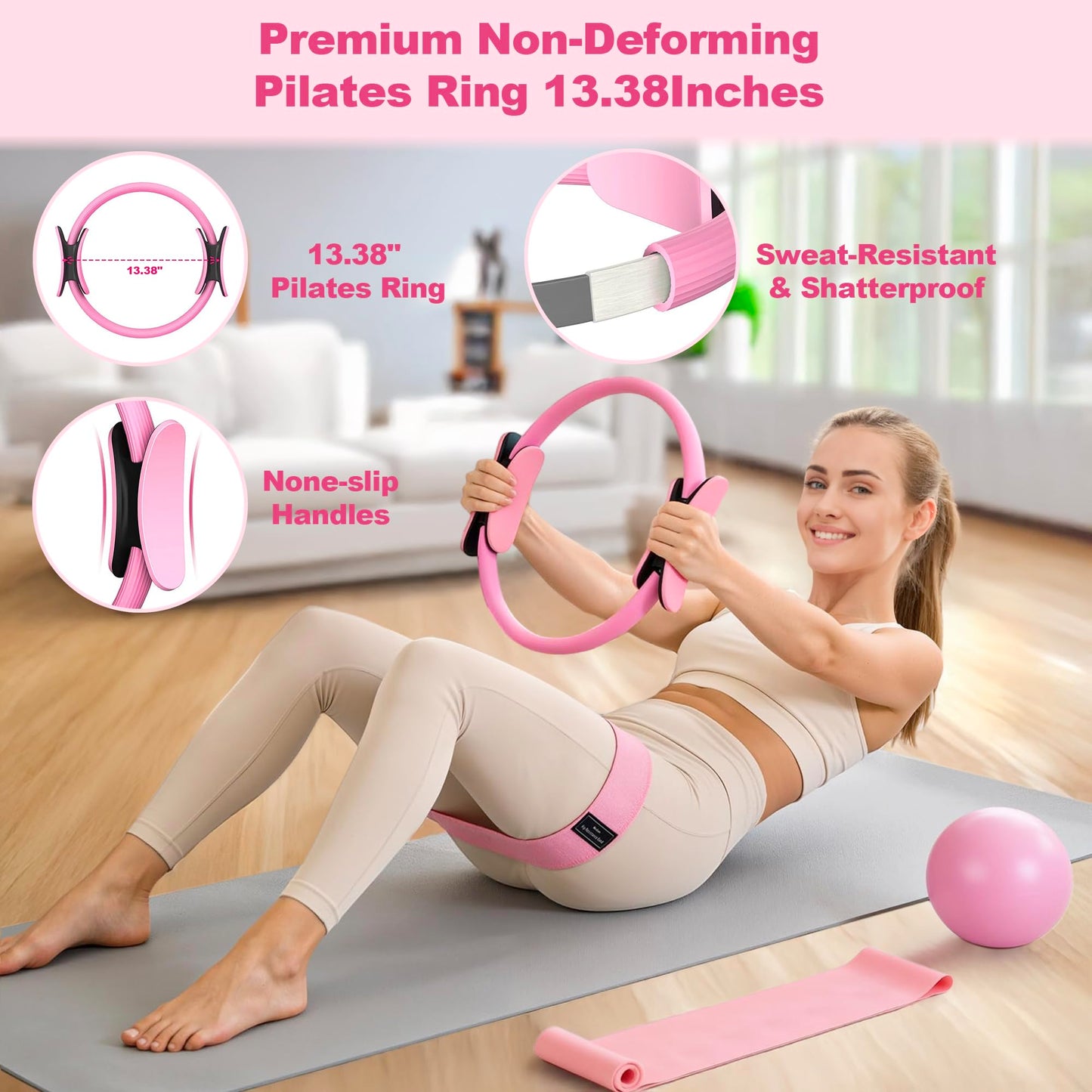 TREKONPEAK Home Pilates Kit, Pilates Workout Kit for Women, Pilates Equipment with Pilates-Ring and Ball Set, Multiple Resistance Bands, Socks (Pink)