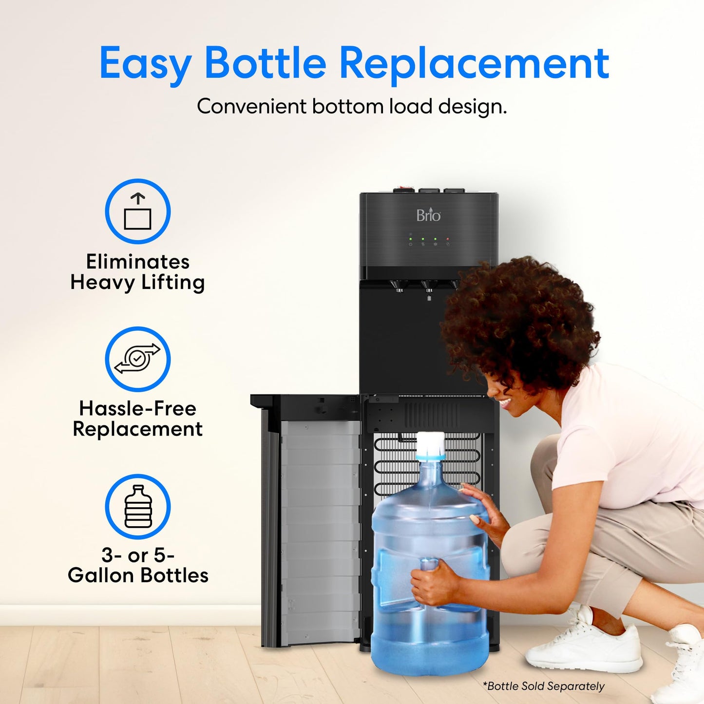 Brio Self Cleaning Bottom Loading Water Cooler Water Dispenser – Black Stainless Steel - 3 Temperature Settings - Hot, Room & Cold Water