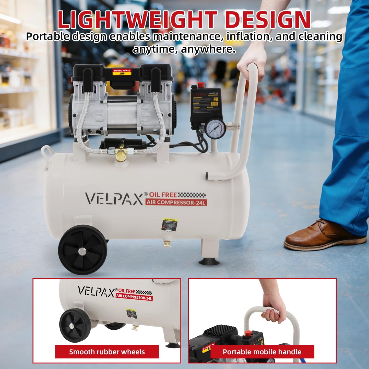 Ultra Quiet Air Compressor, Only 60dB, 6.4 Gallon Tank, Oil-Free, 110V/60Hz 2HP, 6.71CFM@115PSI, Air Compressor Perfect for Spray Painting, Auto Repair, Tire inflation, Woodwork nailing