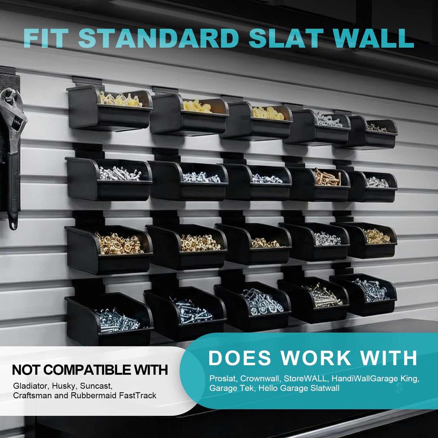 Slatwall Bins with Hooks, Plastic Slatwall Accessories for Organizer Containers for Garage, Hardware, Craft Room, Kitchen, Tool Shed, Workbench (12 Pack)