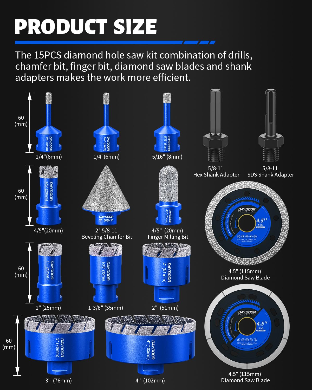 DAYDOOR Diamond Hole Saw Kit, 15-Piece Tile Hole Saw Kit 1/4" 5/16" 4/5" 1" 1-3/8" 2" 3" 4",Vacuum Brazed Core Drill Bits for Porcelain Tile, Granite, Marble, Stone(Blue)