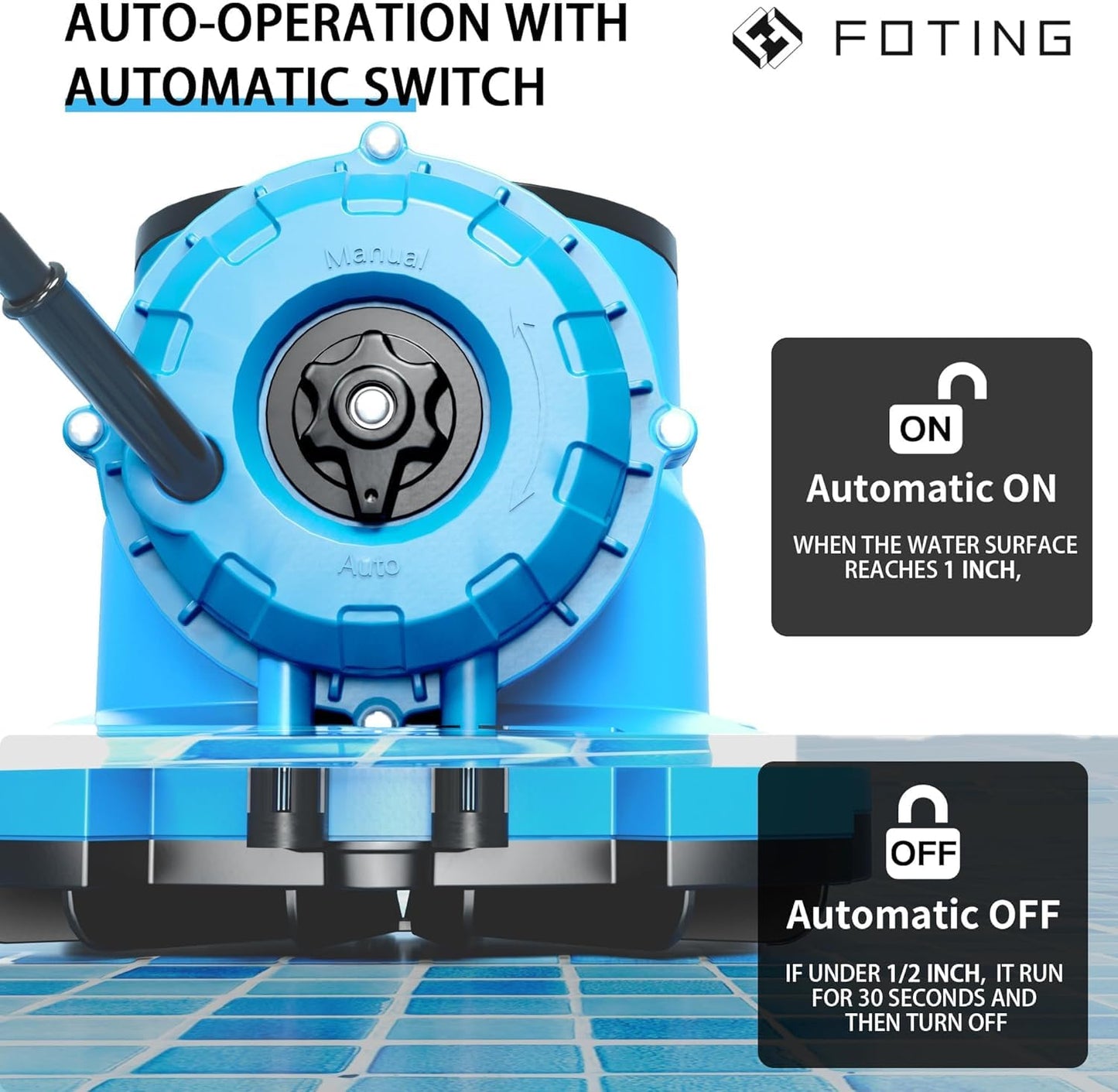 FOTING 1/3HP 2250GPH Automatic Swimming Pool Cover Pump,Submersible Water Pump, Water Removal with 3/4” Check Valve Adapter & 25ft Power Cord, Drainage for Ponds, Rooftops, Water Beds,Blue