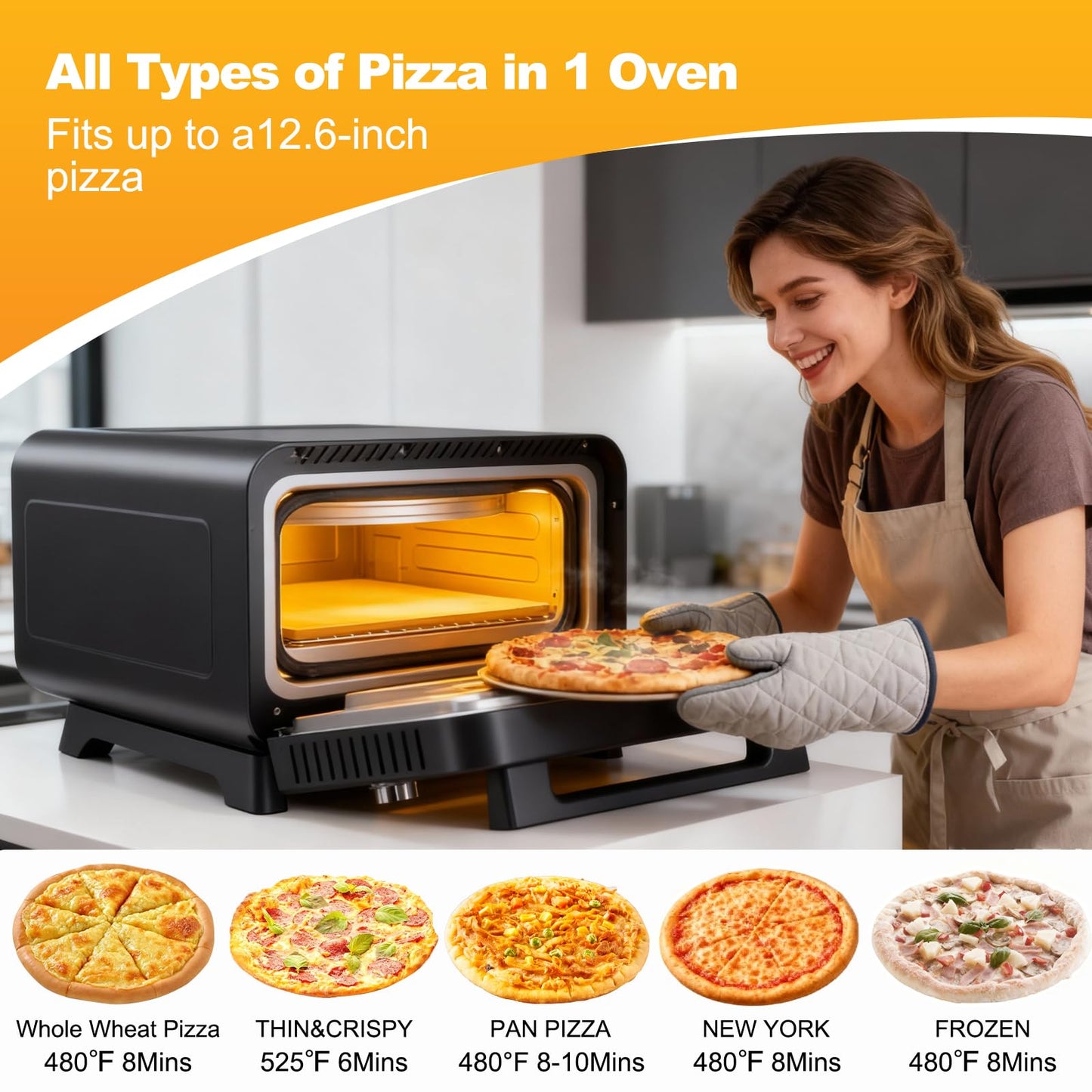 Sweetcrispy Countertop Pizza Oven Indoor, 1600W, 750°F High Heat Pizza Maker with Pizza Stone & Pizza Spatula, Countertop Electric Pizza Oven for Home Use