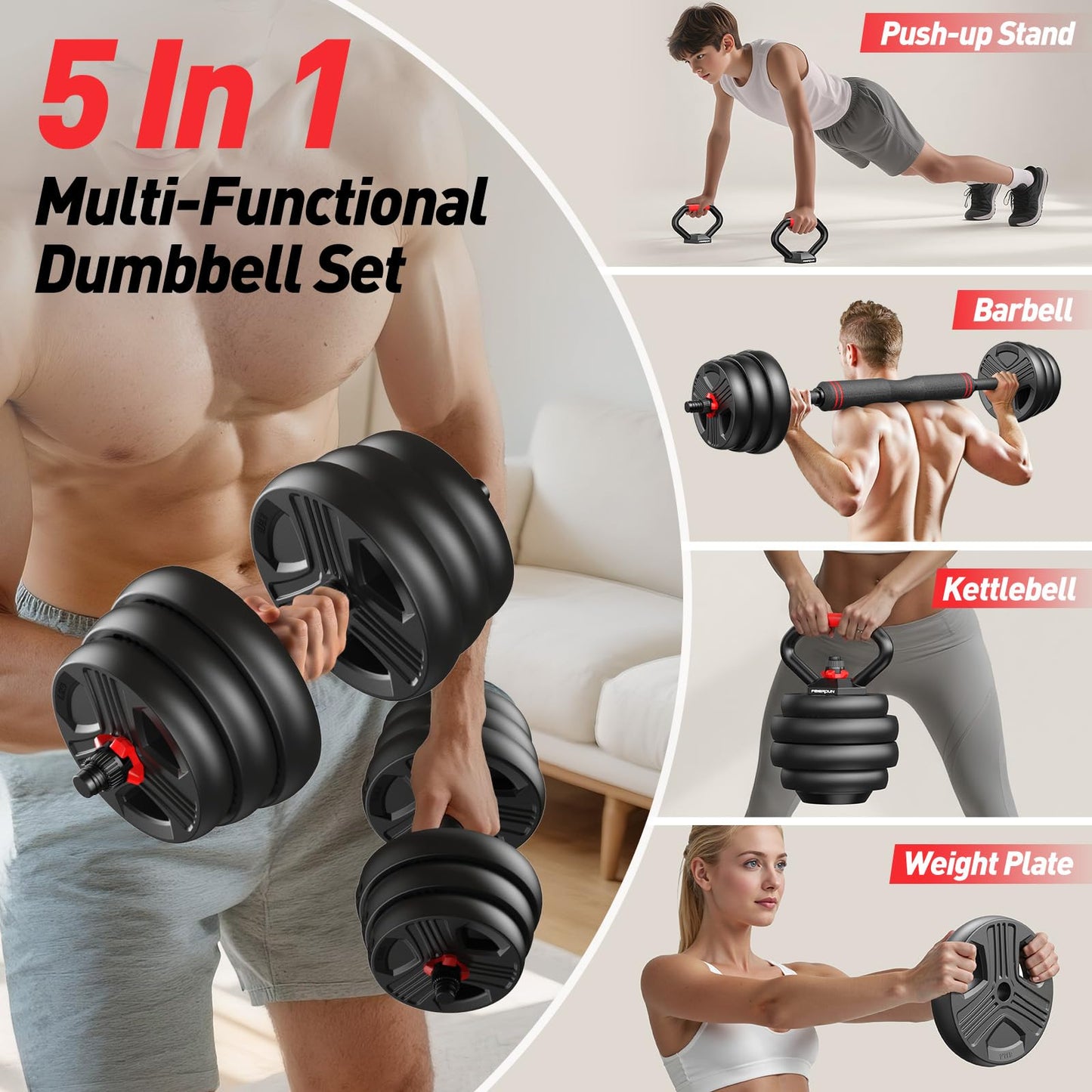FDS1 Adjustable dumbbell set, 45lbs Free Weights set with upgraded nut, 5 in 1 Weight Set Used as Kettlebells, Barbell, Push up Stand, Fitness Exercise for Home Gym Suitable Men/Women