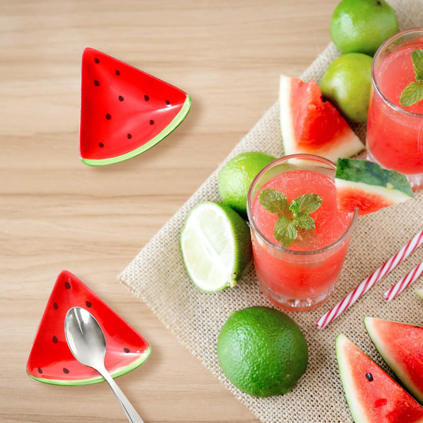 Whaline 4Pcs 2.4inch Watermelon Mini Ceramic Spoon Rest Red Green Watermelon Fruit Small Coffee Spoon Holder for Summer Home Coffee Station Bar Accessories
