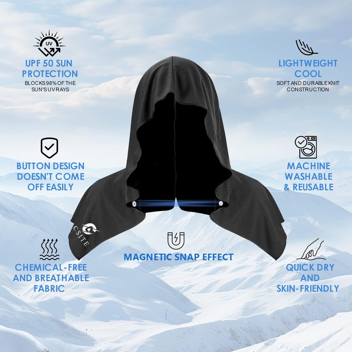 CSITE Cooling Hoodie Towels for Neck and Face, UPF 50 Sun Protection & Instant Cooling, Ice Towels for Hot Weather, Soft Breathable Towel for Sport, Work Out, Gym, Camping & More Activities（Black）