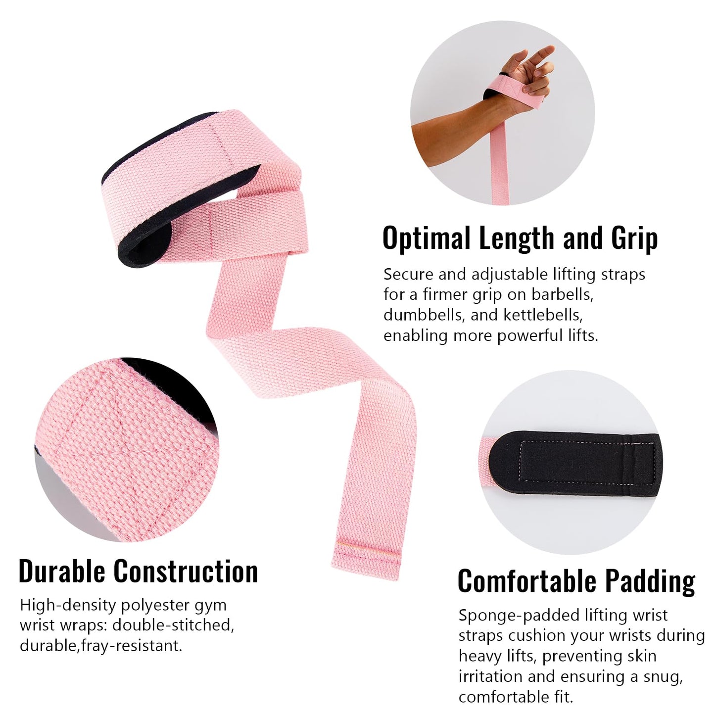 Wrist Straps for Weightlifting, 2 Pair Gym Pink Lifting Straps with Neoprene Padded Wrist Cushion, Weight Lifting Straps for Women Men, Deadlifts, Bodybuilding and Strength Training