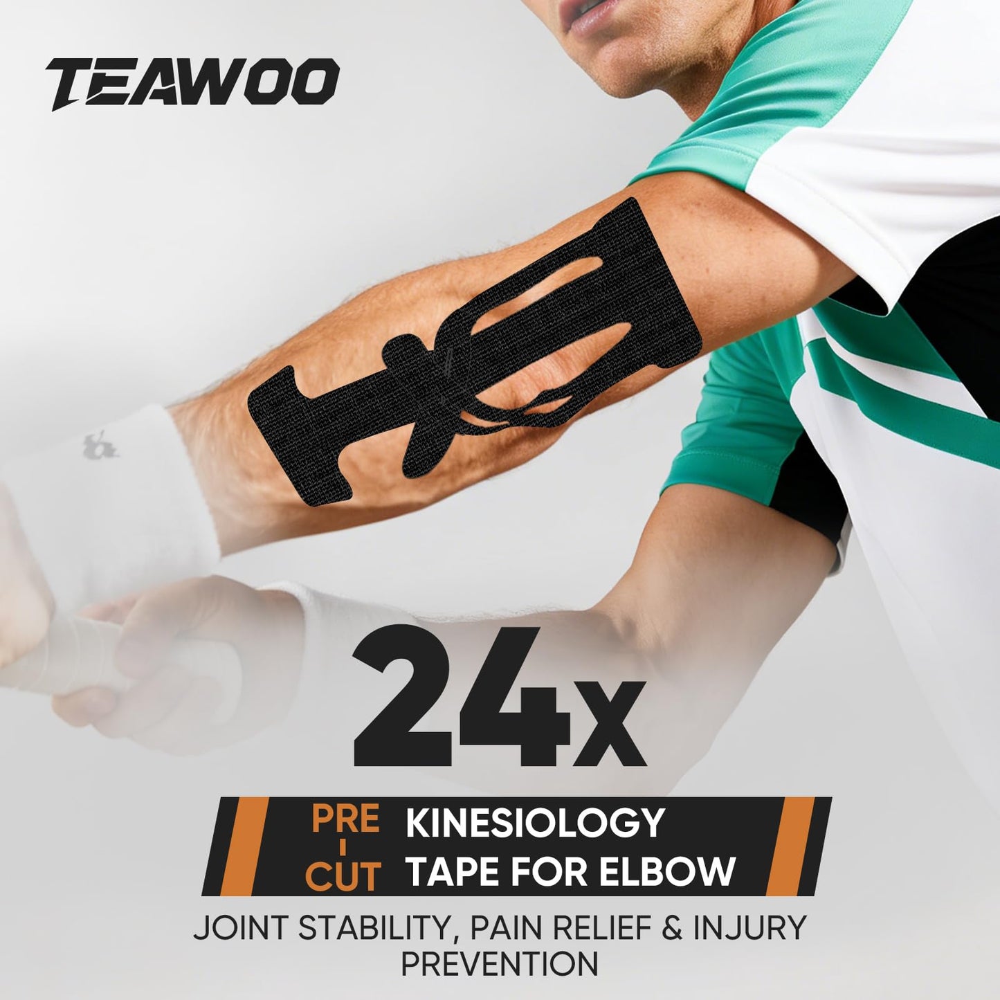 TEAWOO Precut Kinesiology Tape for Elbow, 24Pcs, Waterproof Breathable Athletic Tape, Enhanced Adhesion & Elasticity, Elbow Pain Relief Support for Sports & Daily Use