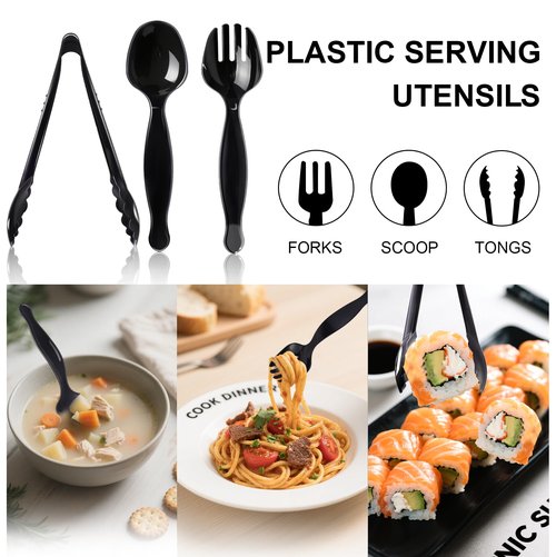 ALEXPRE 30 Pcs Disposable Black Plastic Serving Utensils,10 Set Including 9" Plastic Serving Spoons, Forks and Tongs for Dinner Parties, Buffets,Banquets, Events, Weddings, and Daily Use