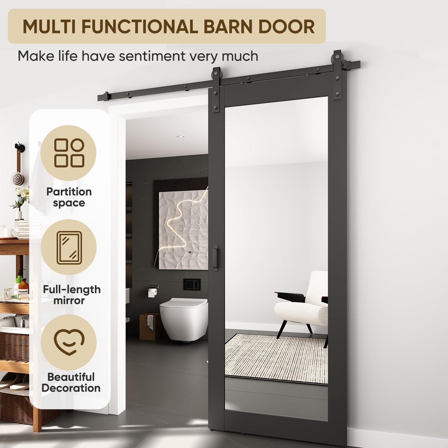 BARNSMITH 32in x 84in Mirror Barn Door with 5.5FT Sliding Door Hardware Kit Included, 1 Lites Full Length, Solid Wood Water-Proof PVC Surface,No Assembly Required,Black