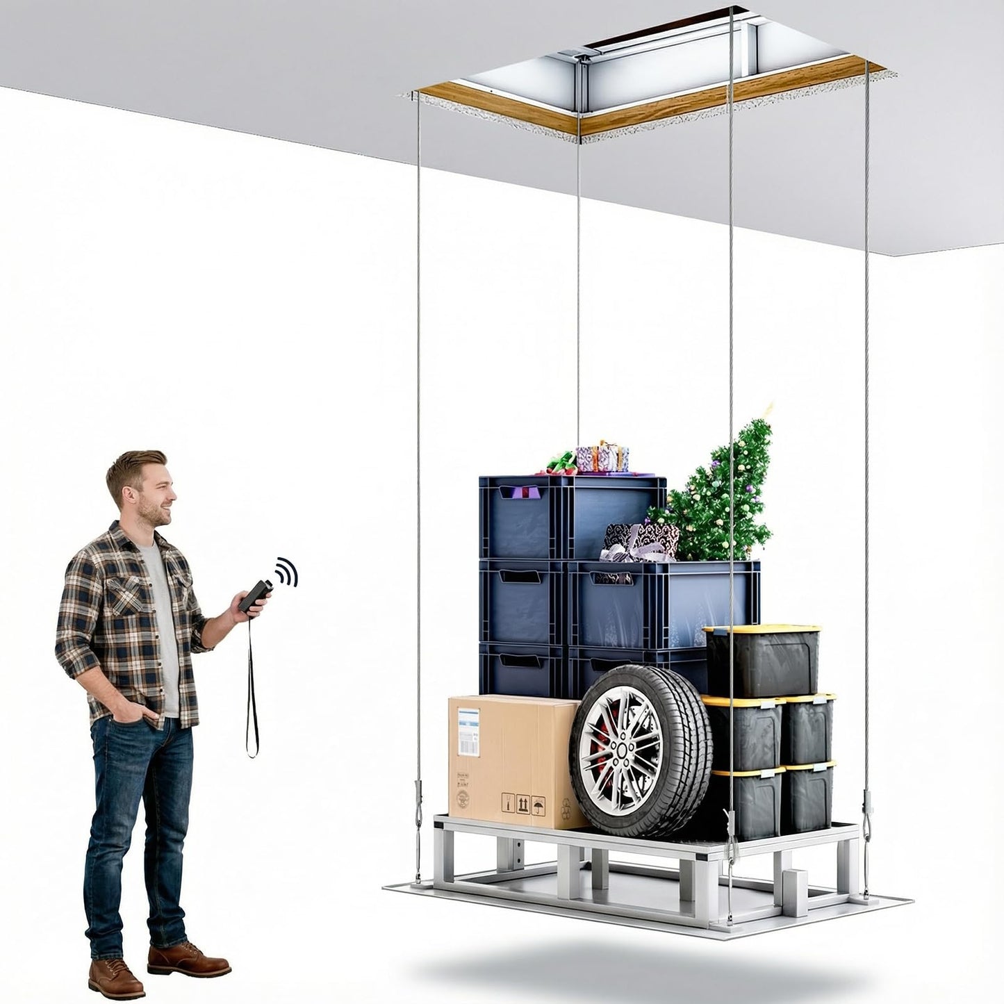 Electric Attic Lift for Garage Storage, Dual Wired/Wireless Remote for Attic Lift, 220 lb Capacity & 13 ft Lift Height, Heavy Duty for Garage & Warehouse