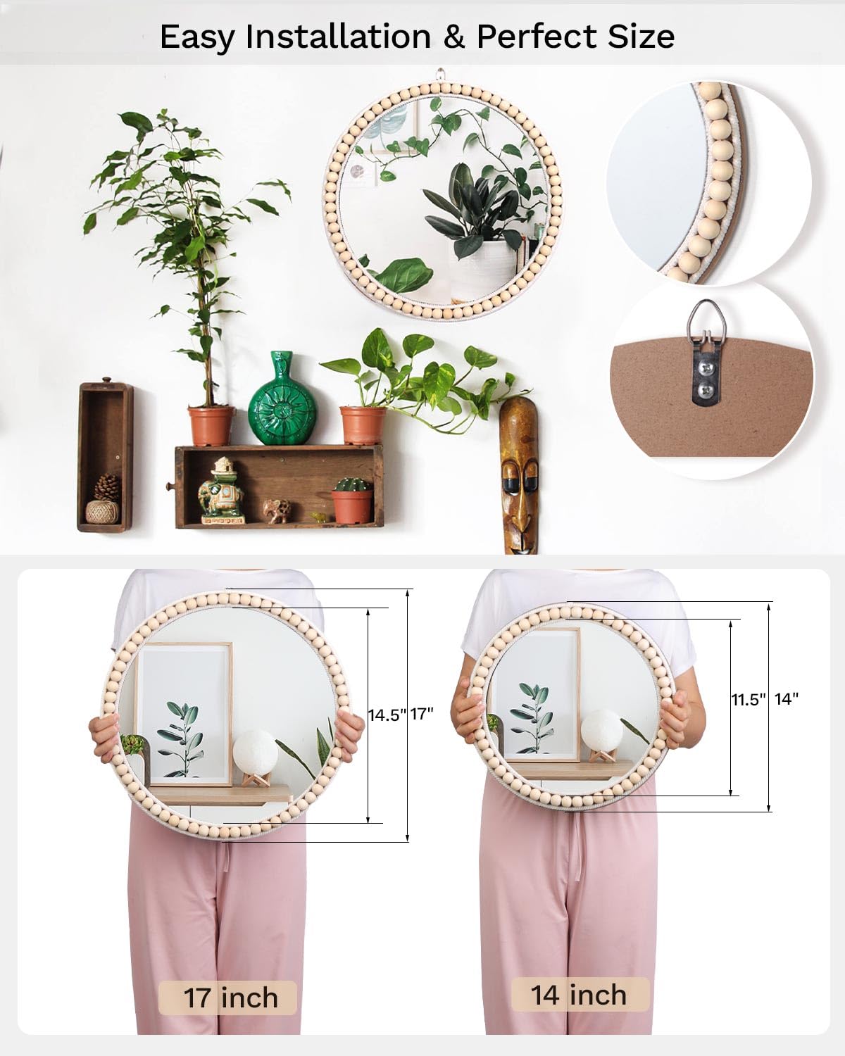 Poeme Boho Wall Mounted Circle Mirror, Wooden Round Wall Decor for Bathroom Living Room Bedroom, Decorative Hanging Farmhouse Nursery Furniture (17 Inch)