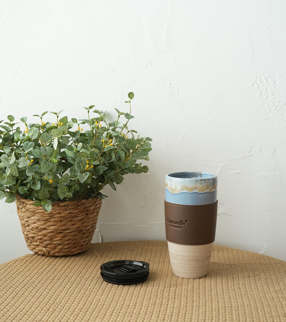 Bosmarlin Ceramic Travel Coffee Cup with Lid, 21 oz, Portable Coffee Mug for Car Cup Holder, Microwave and Dishwasher Safe, Reactive Glaze (Light Blue)