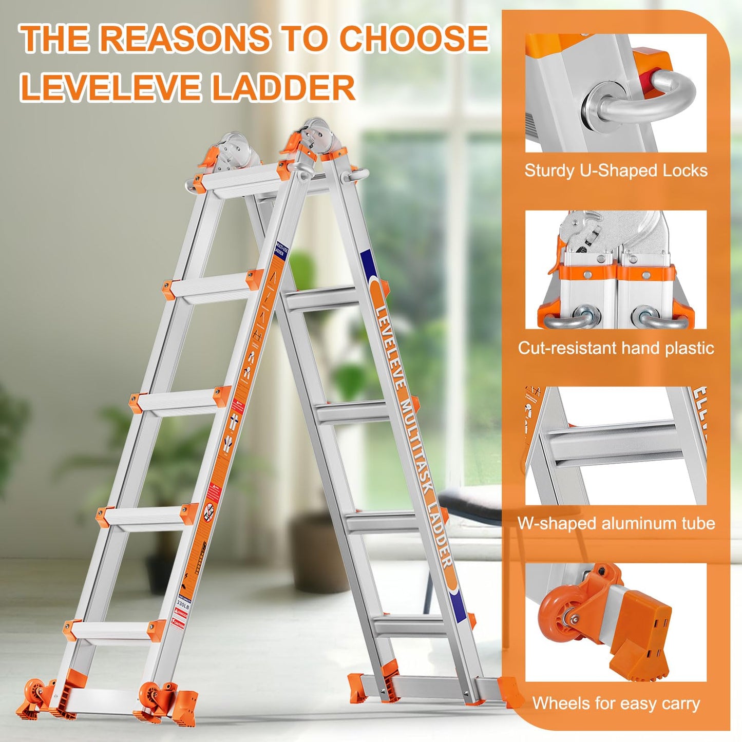 LEVELEVE 22FT Extension Ladder,A Frame 6 Step Ladder with Stabilizer Bar & Wheels,330 lbs Security Load Multi Position Ladder for Stairs Home Indoor Outdoor Roof
