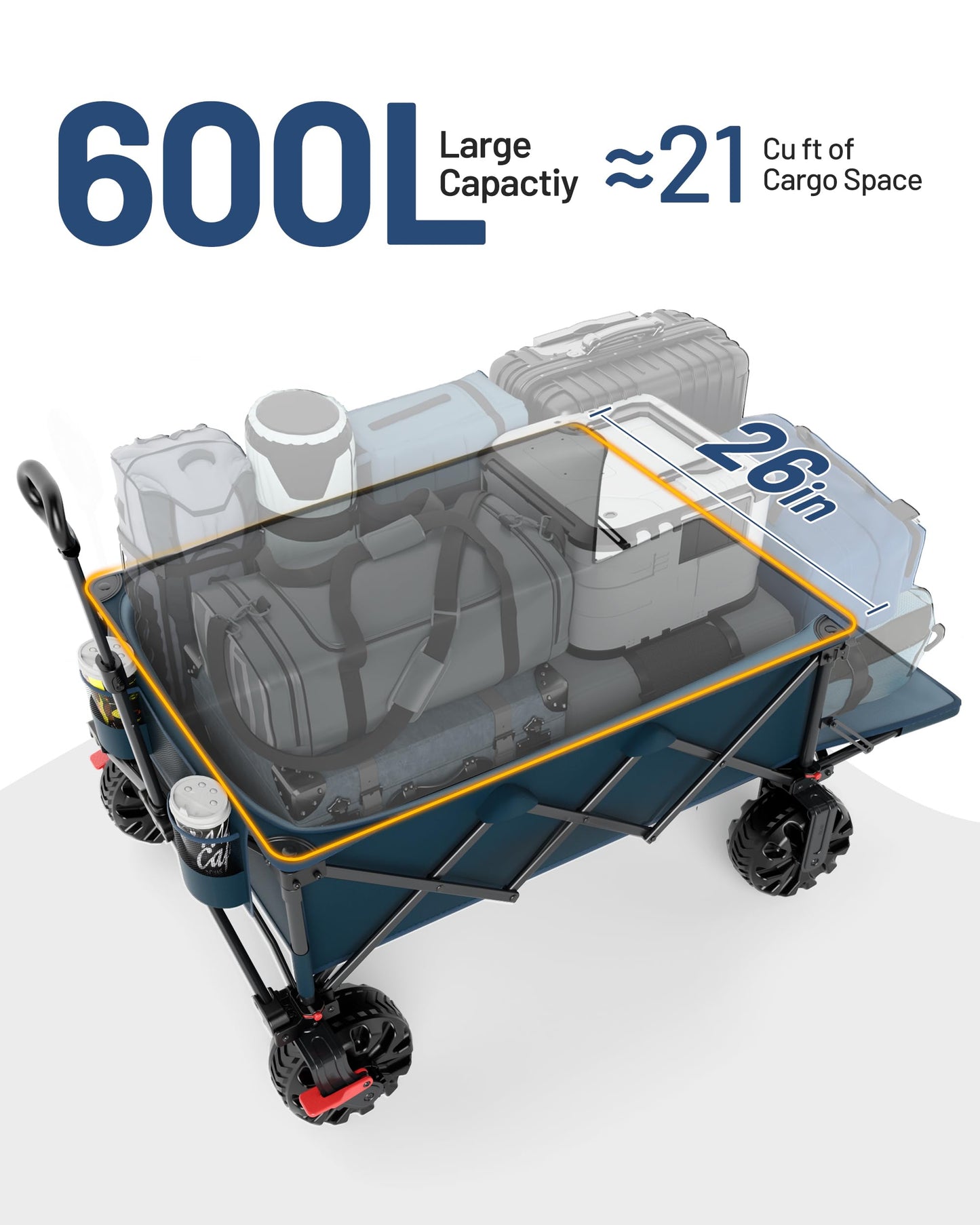 TIMBER RIDGE 600L Beast Wagon 26" W Extra Wide All Terrain Folding w/Big Wheels, Cargo Net & Tailgate, 26" W and 55.25" L, 400lbs Heavy Duty Collapsible Portable Cart for Camping, Sports, Dogs, Blue