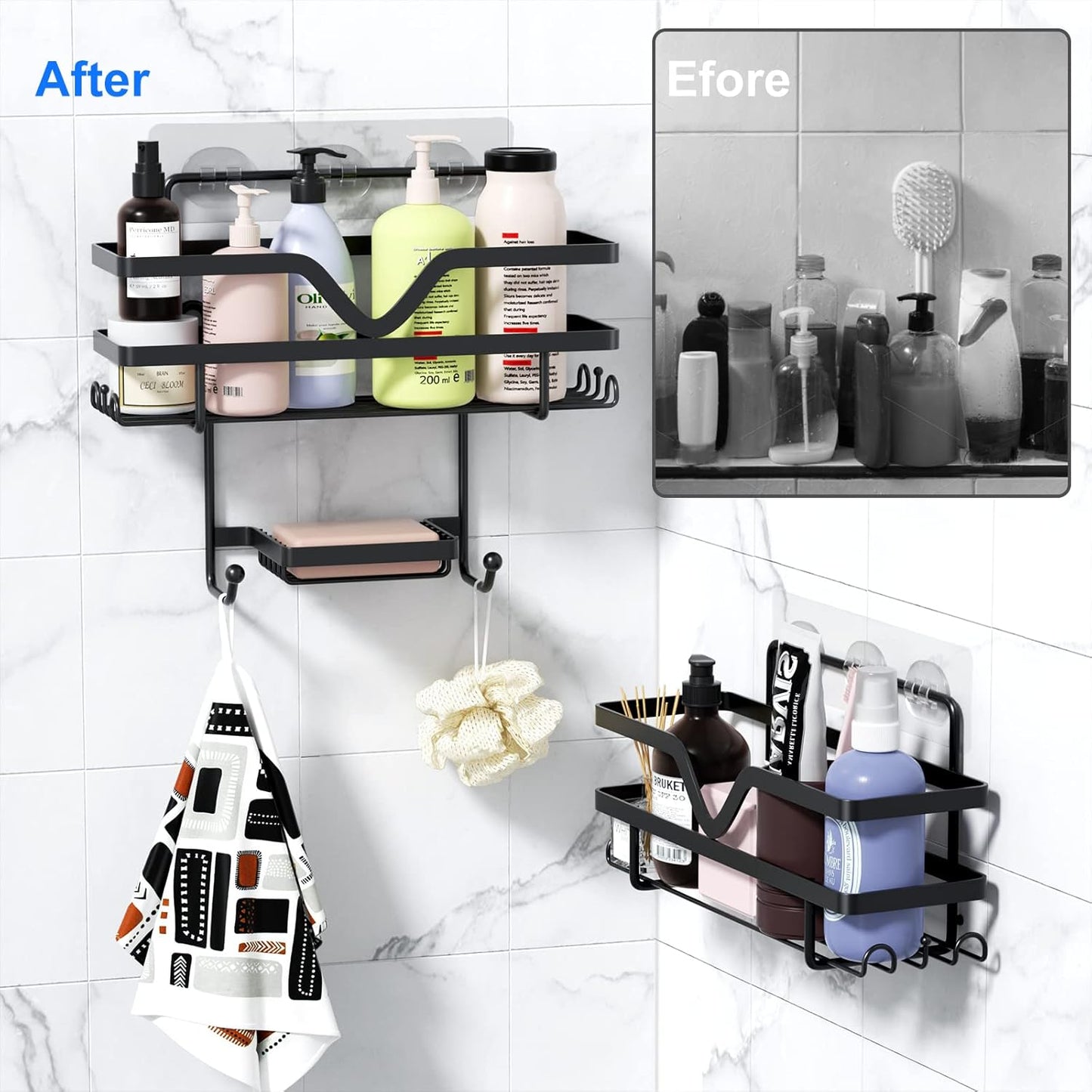 Regine Switzerland Shower Caddy 3 Pack - Rustproof No Drill Organizer with Soap Dish & Hooks | Black
