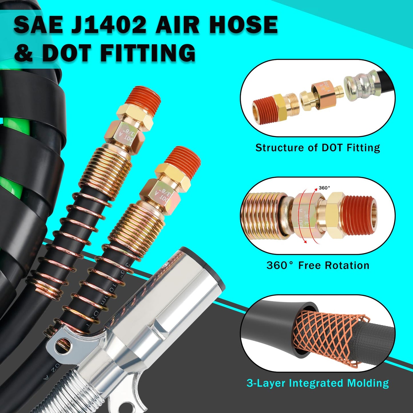 CheeMuii 15 FT Semi Truck Air Line Kit with Gladhands, Air Line Holder, Springs & 7 Way Trailer Cord