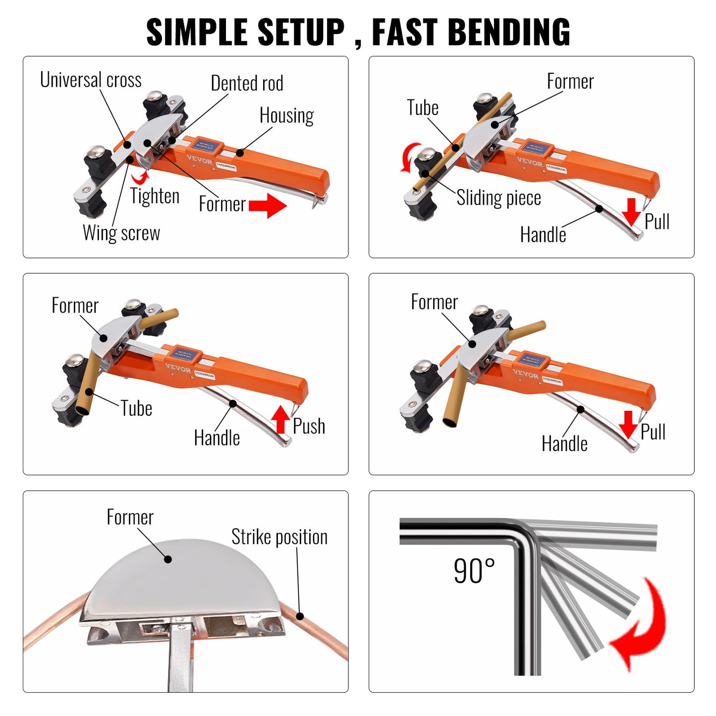 VEVOR Pipe Tube Bender, 1/4"-7/8" O.D. Ratcheting Tubing Bender, 90° Forward/Reverse Pipes Bending Tools with 7 Dies and Pipe Cutter for HVAC Air Conditioning Refrigerator Repair