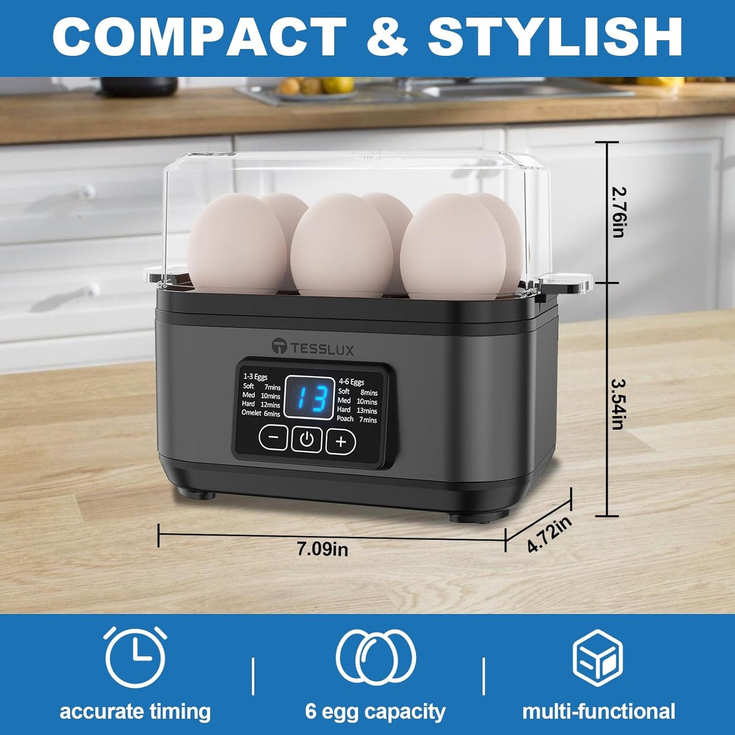 Tesslux Electric Egg Cooker - 6 Egg Capacity for Hard Boiled, Poached, Scrambled Eggs | Auto Shut Off (Gray)