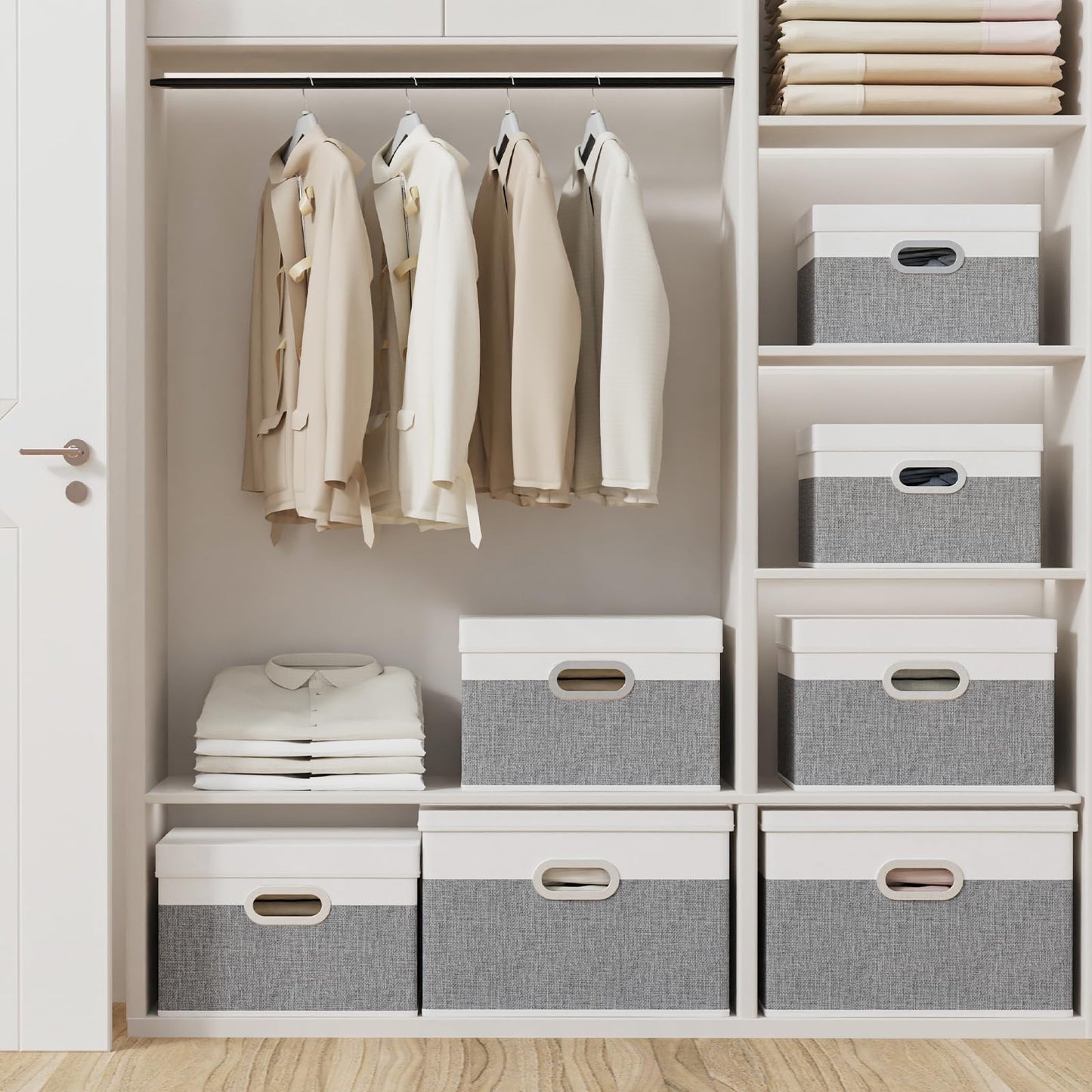 Yawinhe Fabric Storage Bins with Lids, Decorative Boxes with 2 Metal Handles, Waterproof Cube Organizer Basket, Closet Containers, White/Gray, 17.3''Lx11.8''Wx11.8''H, 5-Pack