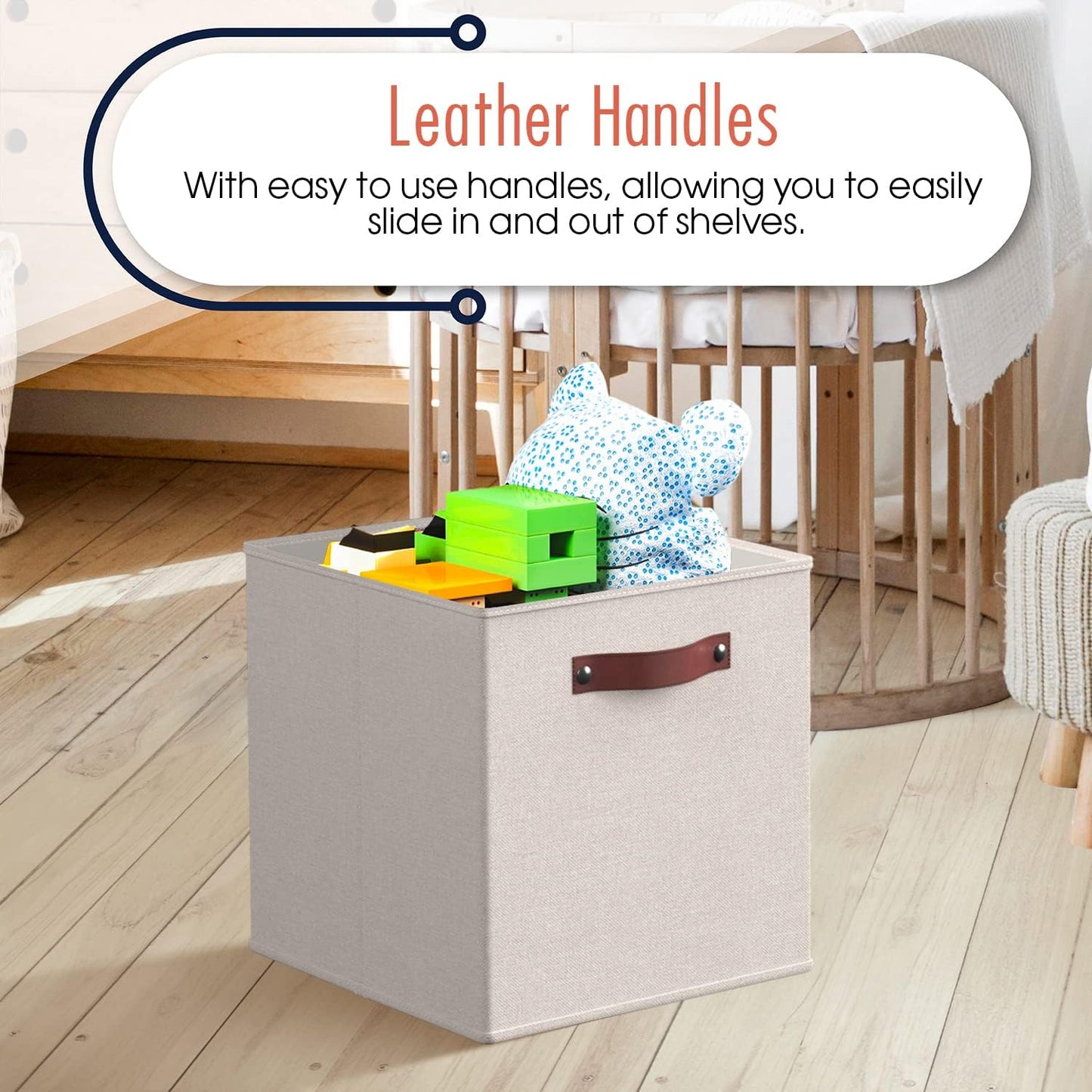 Ornavo Home Storage Cube Bins - Foldable Fabric Organizers with Leather Handles | 11x11 Inches, Beige, 6 Pack