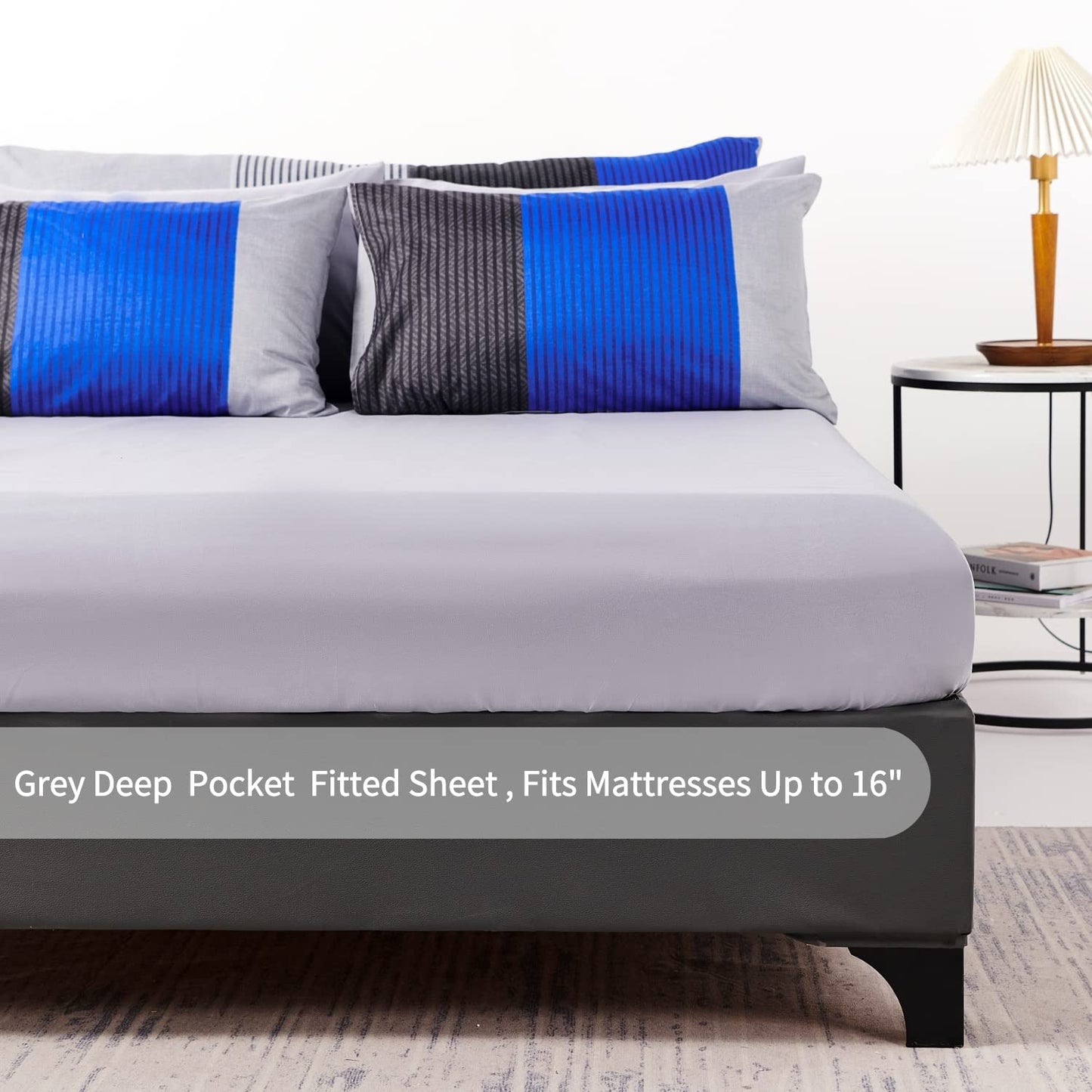 RYNGHIPY 8Pcs Blue and Grey Stripe Comforter Set Full Size, Ultra Soft Microfiber Filling Patchwork Comforter Duvet, Bed Sheets and Pillowcases (Full,Blue Grey)