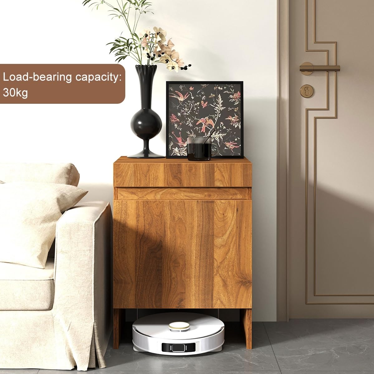 Nordivo Robot Vacuum Stand Cabinet,Storage Cabinet with Doors for Robot Vacuum Cleaner,End Side Table for Home Office,Wood Freestanding Rack for Living Room Home Office Kitchen(Black)