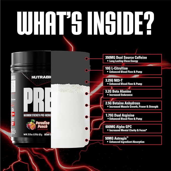 NutraBio Preworkout Powder, Paradise Punch| Explosive Energy, Laser Focus, Extreme Pumps| Pre Workout for Men & Women| Performance, Endurance, Power Complex, Caffeine, Electrolytes
