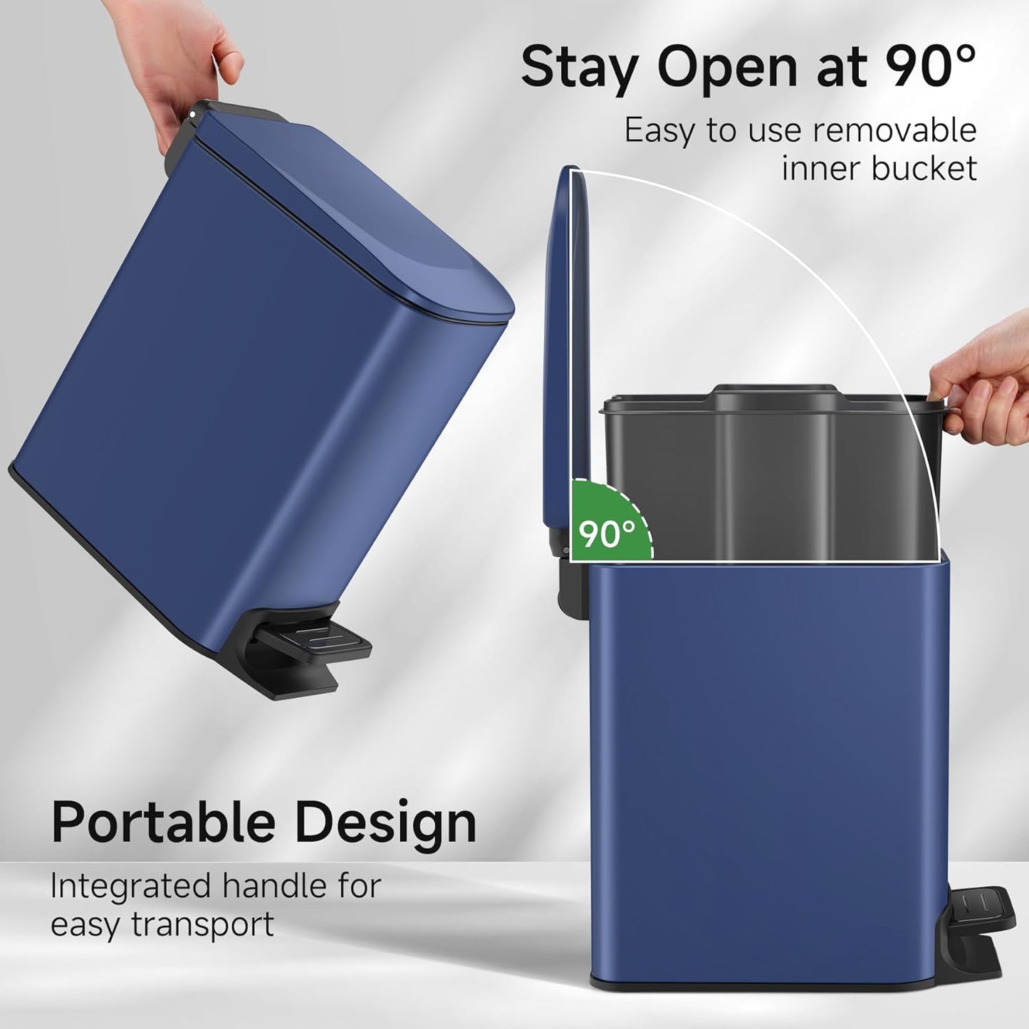 TIPGO Slim Bathroom Trash Can - Soft Close Lid & Step Pedal | 6 Liter Stainless Steel Bin in Navy Blue