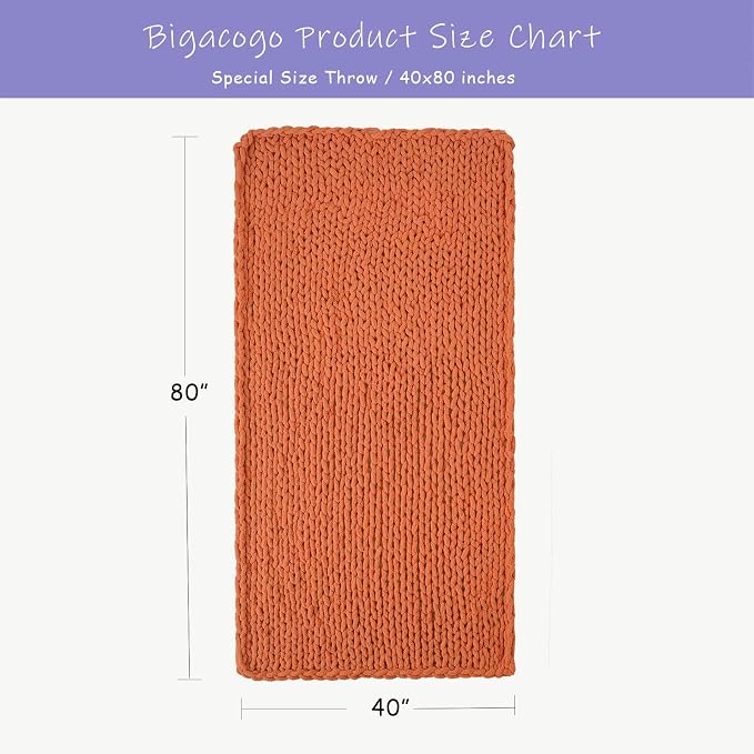 Bigacogo Chunky Knit Throw Blanket for Couch, 40x80 inches, 100% Hand Knitted with Thick Jumbo Chenille Yarn, Cozy Soft Large Rope Knot Cable Crochet Blankets for Sofa Bed Living Room, Terracotta