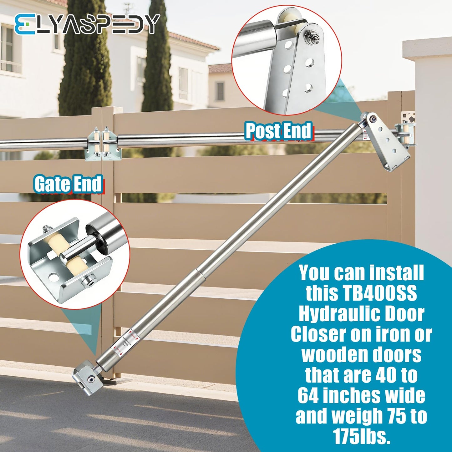 TB400SS Hydraulic Outdoor Gate Closer for 75 to 175 lbs, Stainless Steel, Width 40 to 64 Inches, Opening Pressure 6 to 12 Pounds, for Farms, Ranches, Gardens, Sports Complexes, Home Yards
