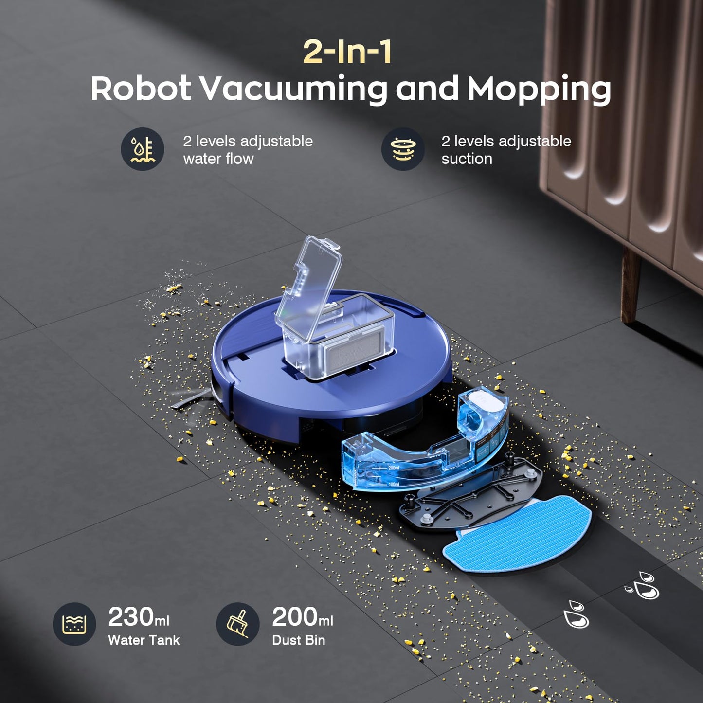 Robot Vacuum and Mop Combo, 2300Pa Strong Suction, 2-in-1 Dust Box and Water Tank, Works with Alexa/Google Assistant, Long Runtime, Schedule, Quiet, Ideal for Hard Floors, Low-Pile Carpets and Pets