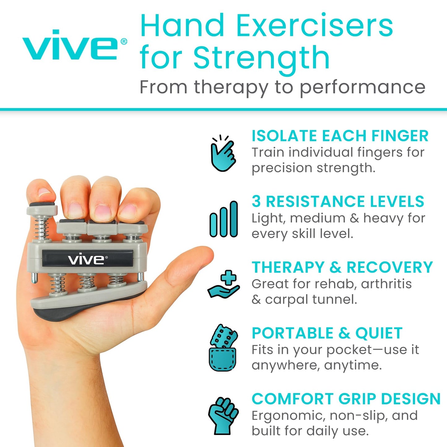 Finger Strengthener by Vive (3 Pack) Hand Grip Equipment for Guitar, Musicians, Rock Climbing & Therapy - Gripper with Exercise Guide for Strengthening Muscles