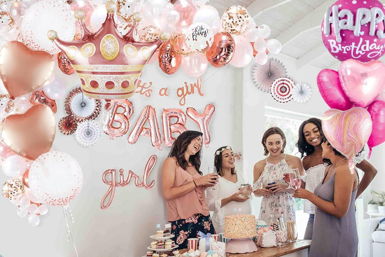 Rose Gold Crown Mylar Balloons - Large Round Pink Birthday Balloons Set for Women's Celebrations