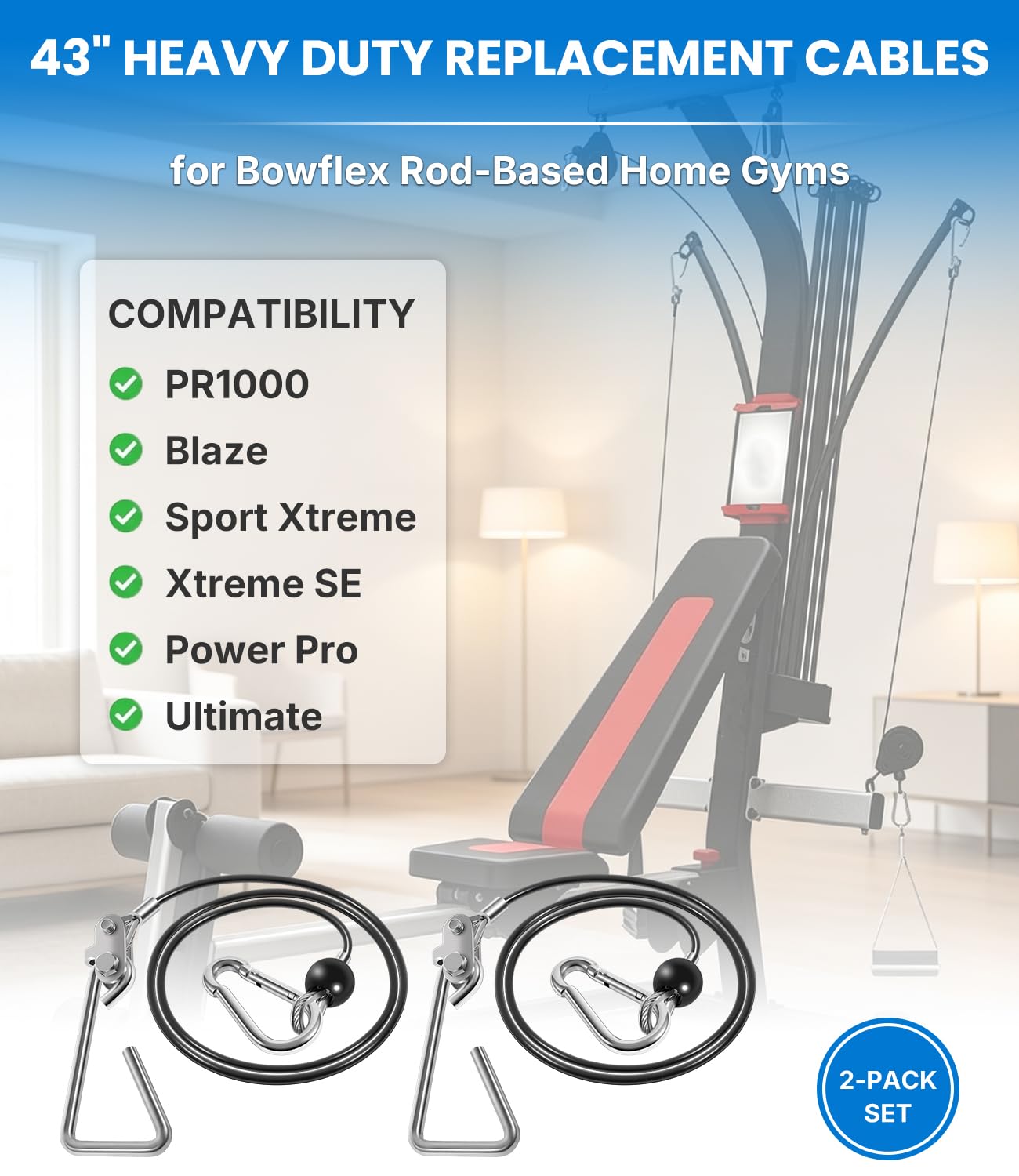 43" Rod Cable Assembly (Pair) for Bowflex Rod-Resistance Home Gyms - Heavy-Duty Replacement Cables with Hook & Rubber Stopper - Compatible with PR1000, Blaze, Sport, Xtreme SE, Power Pro, Ultimate