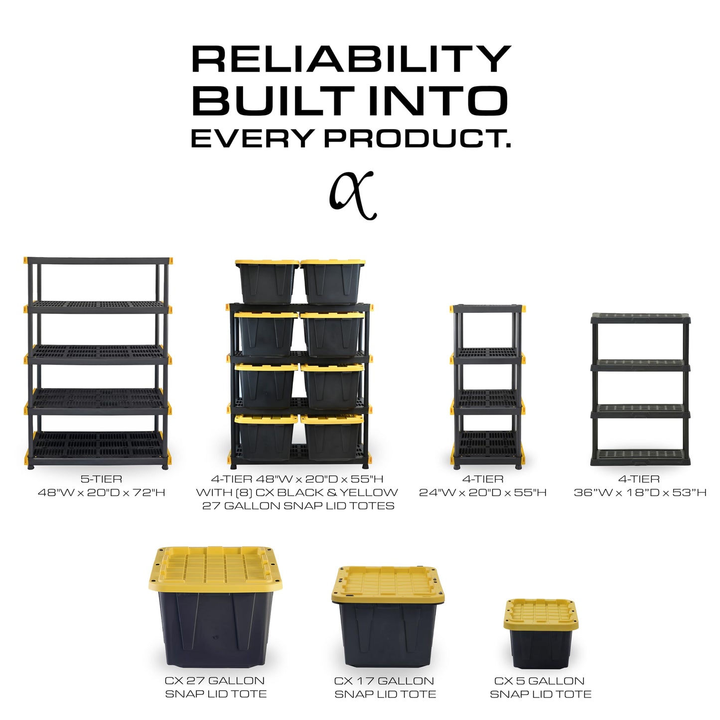 CX Black & Yellow, 4-Tier Heavy Duty Plastic Storage Shelves that Support up to 200lbs/shelf, Organization and Storage, Weather-Resistant Design, Easy Assembly (55"H x 48"W x 20"D)