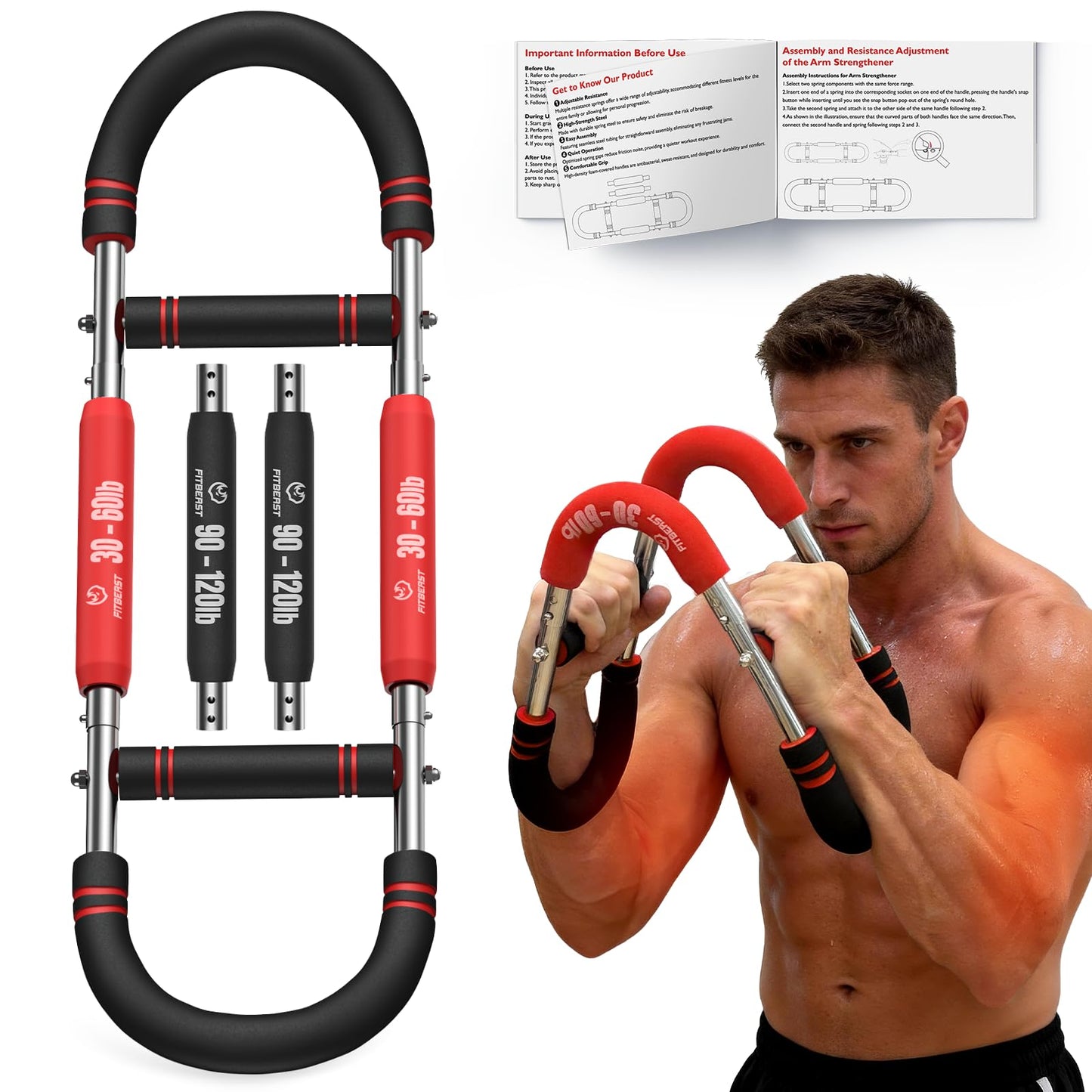 FitBeast Twister Arm Trainer, 4 Progressive Resistance Levels (30-120 lbs), 4-Spring Adjustable Arm & Chest Workout Equipment, Upper Body Strength Training Equipment for Home Gym (Red)