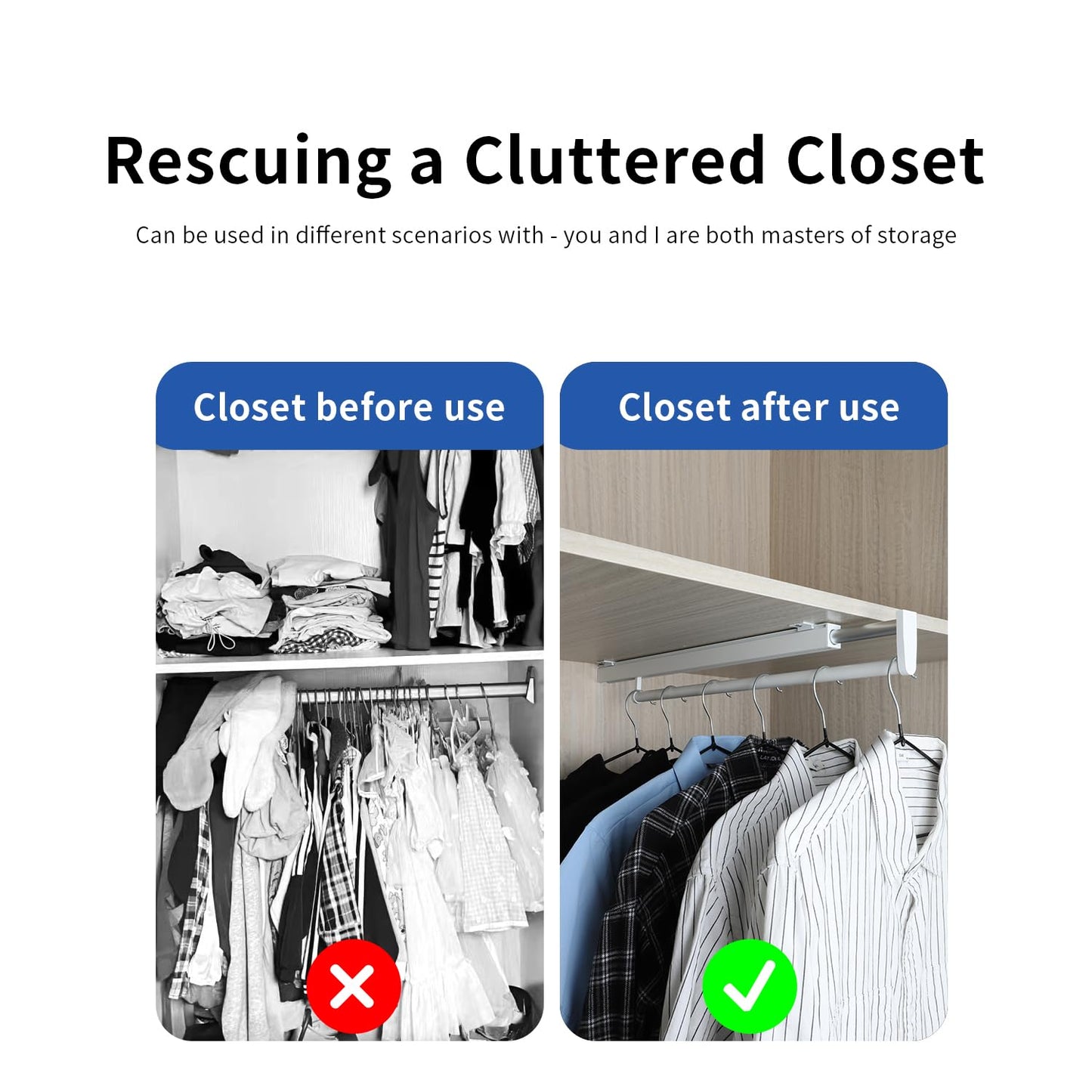 BaiNong Pull Out Closet Rod - White, 21-1/4 Inch, Telescopic Trouser Rack for Shallow Cabinet, Organize Pants & Clothes